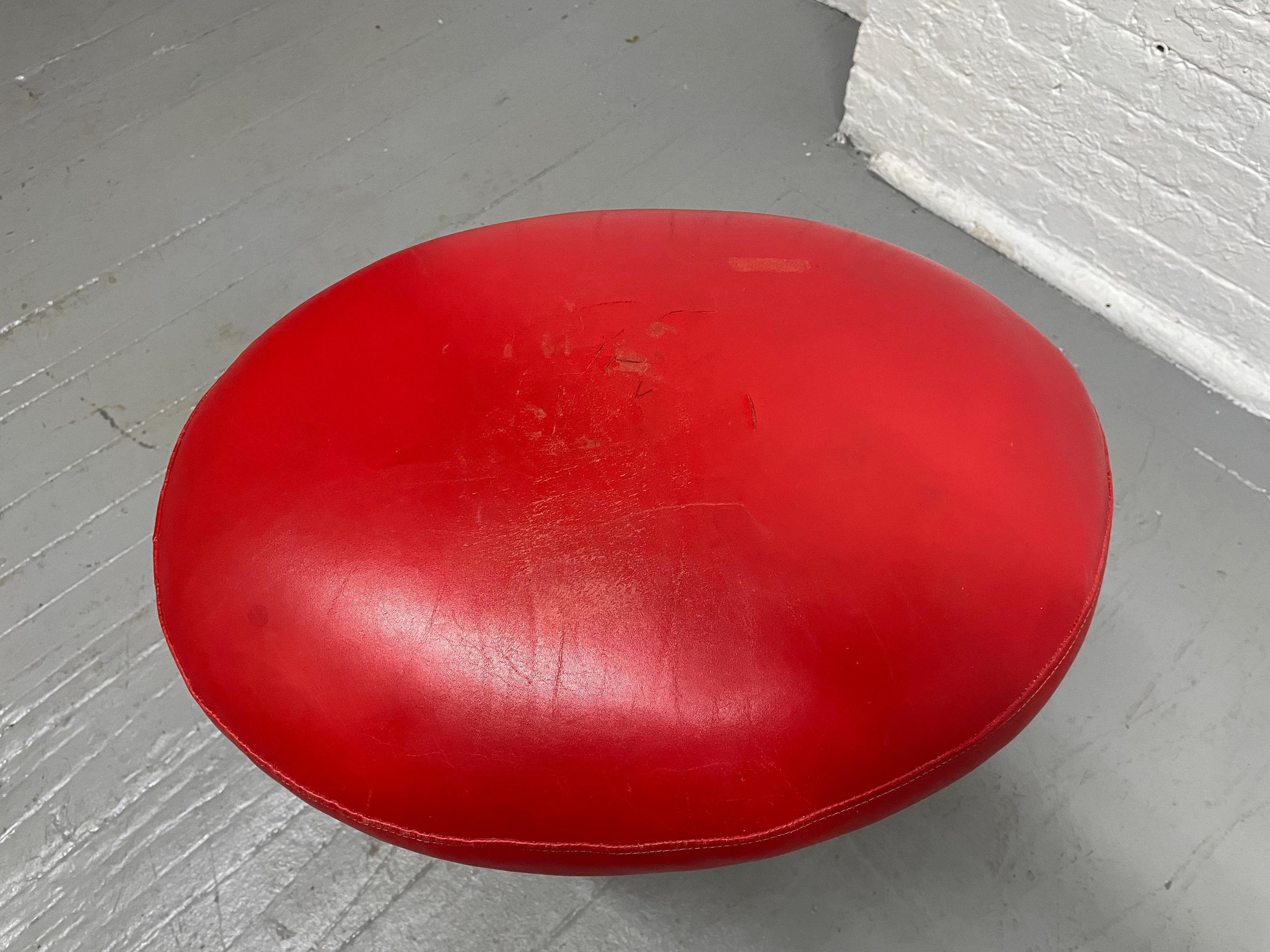 Rare, Karl Springer leather and metal stool. Has a red leather seat and metal base.