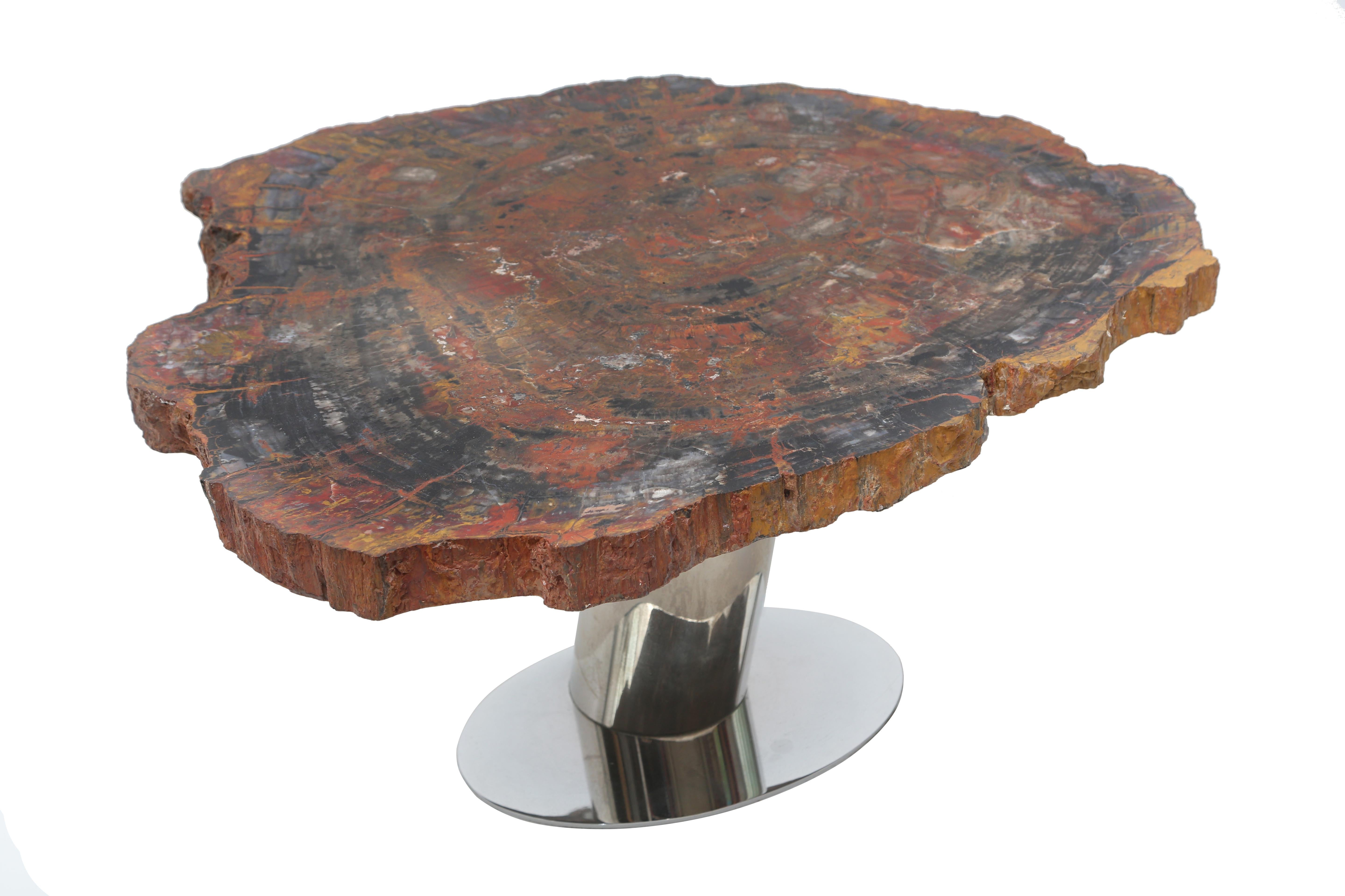 Wonderful rare Karl Springer petrified wood table.
Top sits on an angled stainless steel tubular base.
