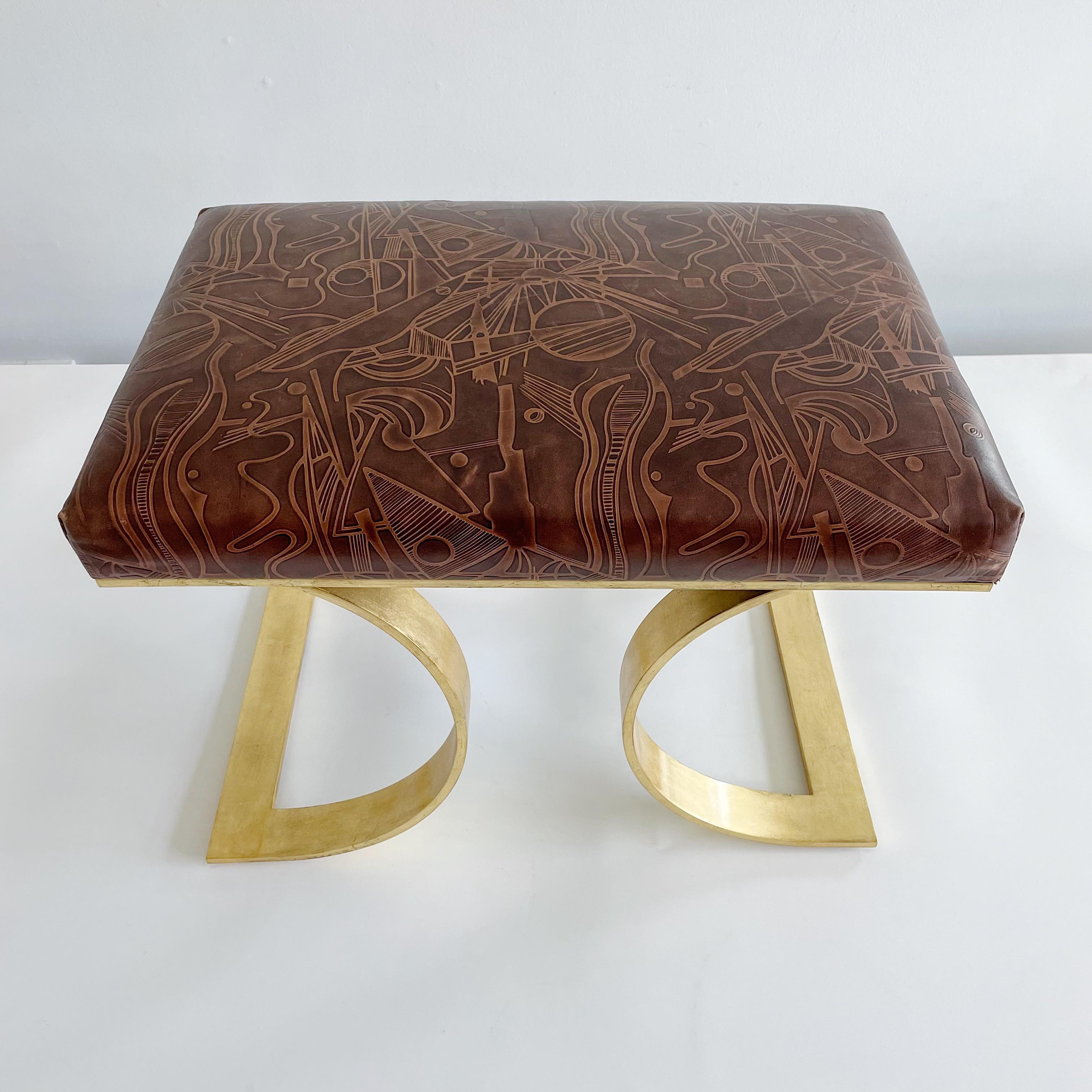 Mid-Century Modern Rare Karl Springer Signed Prototype JMF Bench with Tooled Leather For Sale