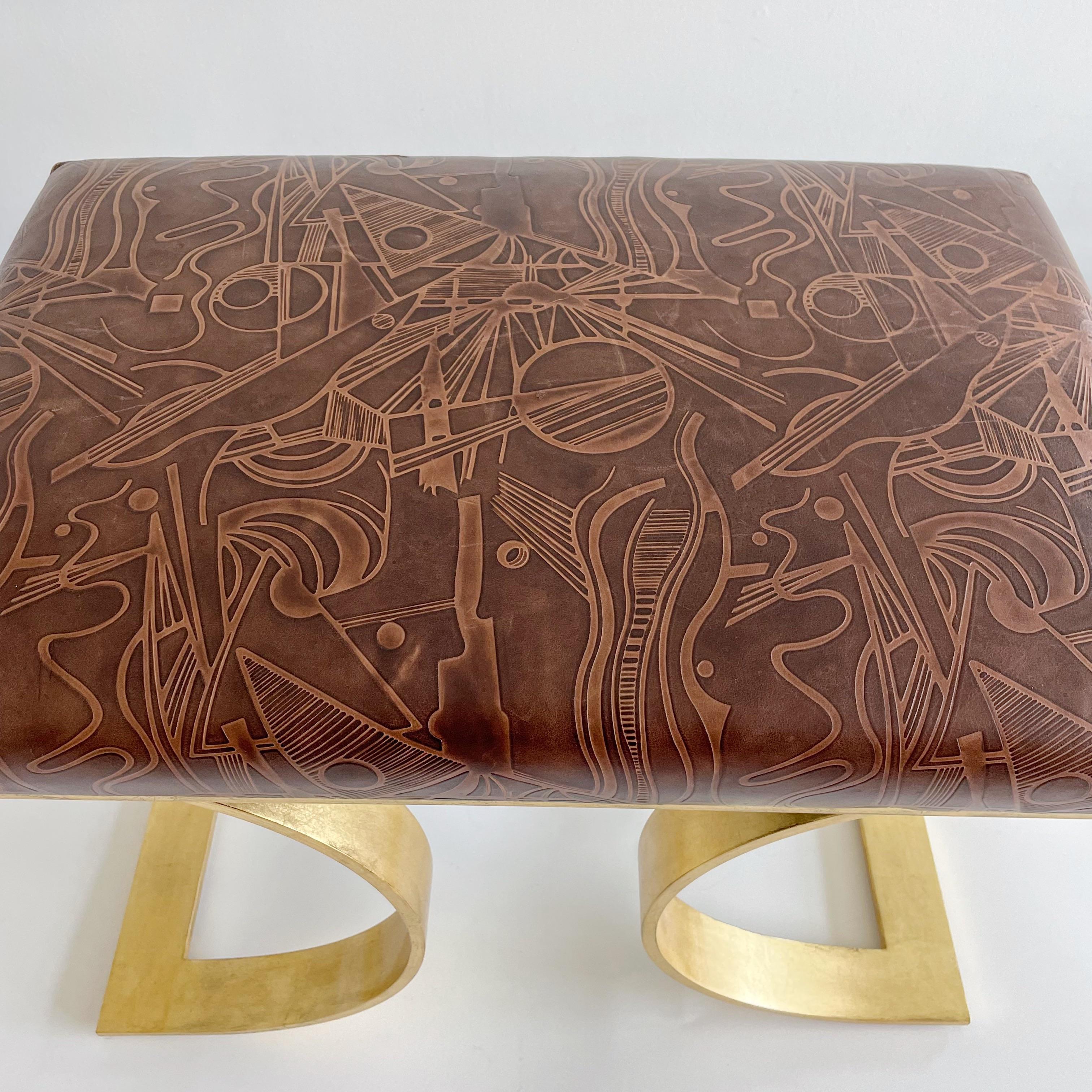 American Rare Karl Springer Signed Prototype JMF Bench with Tooled Leather