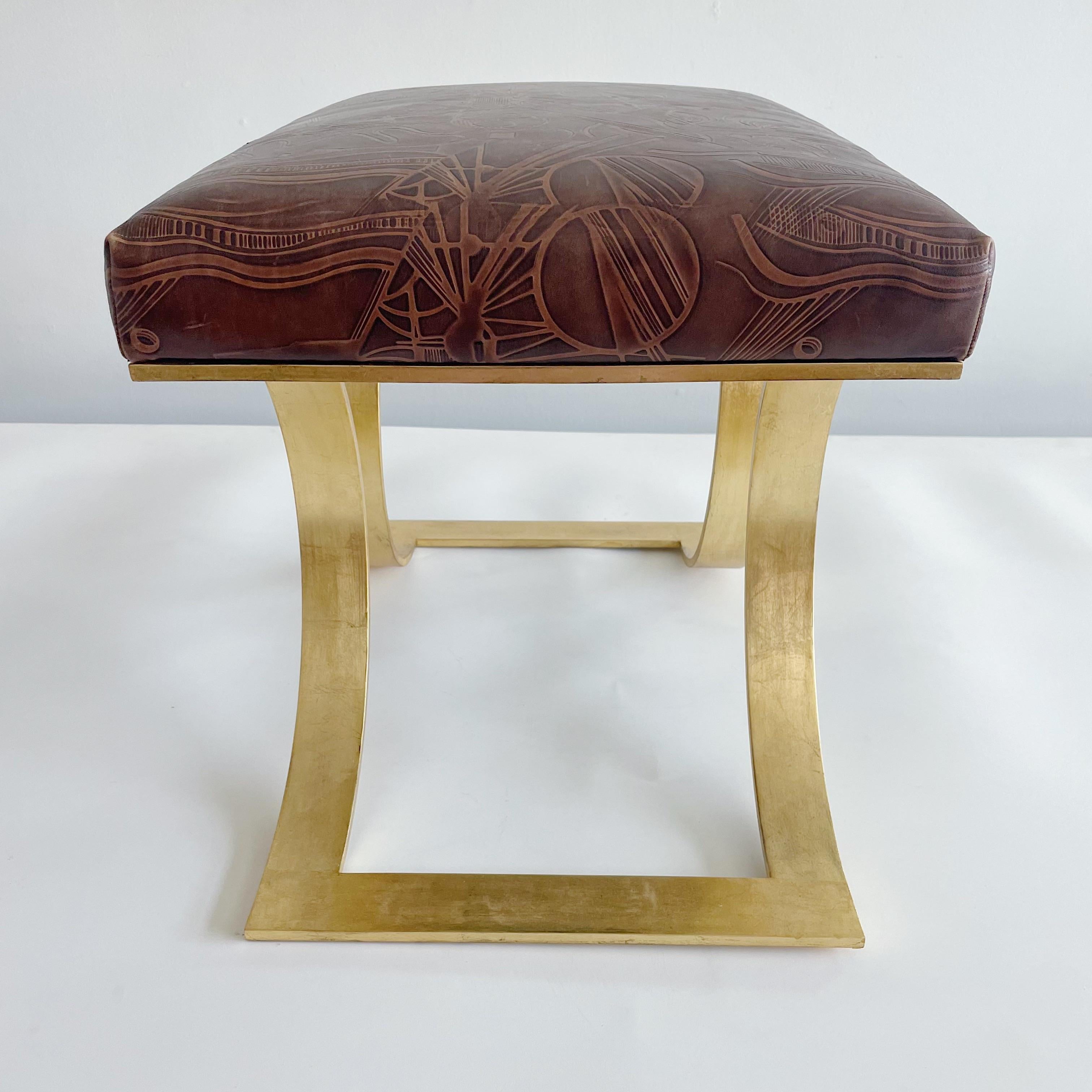 Rare Karl Springer Signed Prototype JMF Bench with Tooled Leather In Good Condition In West Palm Beach, FL