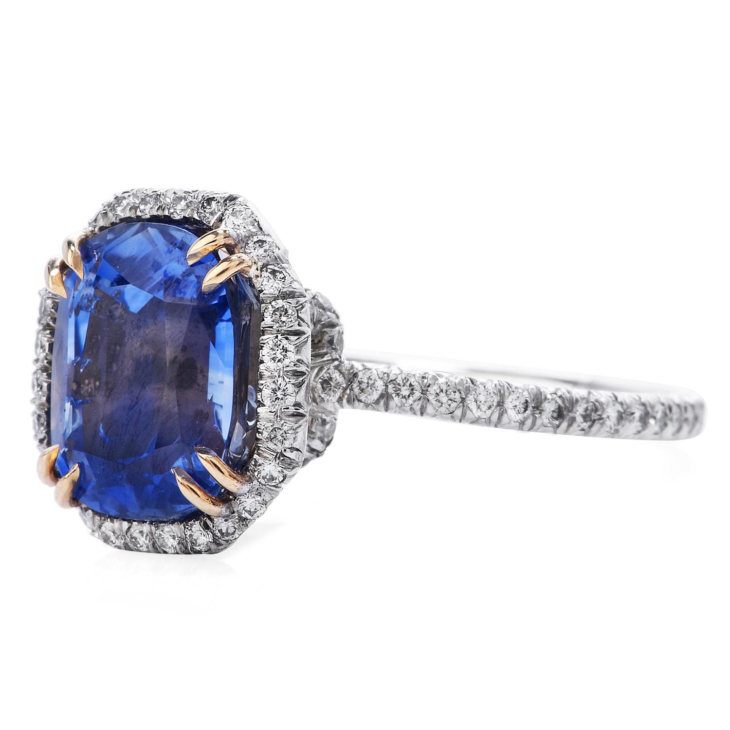 This GIA certified Extremely Rare Natural Kashmir Blue Sapphire from the Himalaya without any treatments with Diamond Halo, is a special piece,

Hand Crafted in solid Platinum with 18K yellow gold prongs, the center is adorned by a GIA-certified