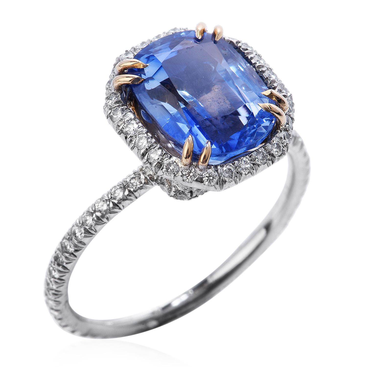 Taille Asscher Bague rare du Cachemire, saphir bleu 3,97 carats certifié GIA et diamants en vente