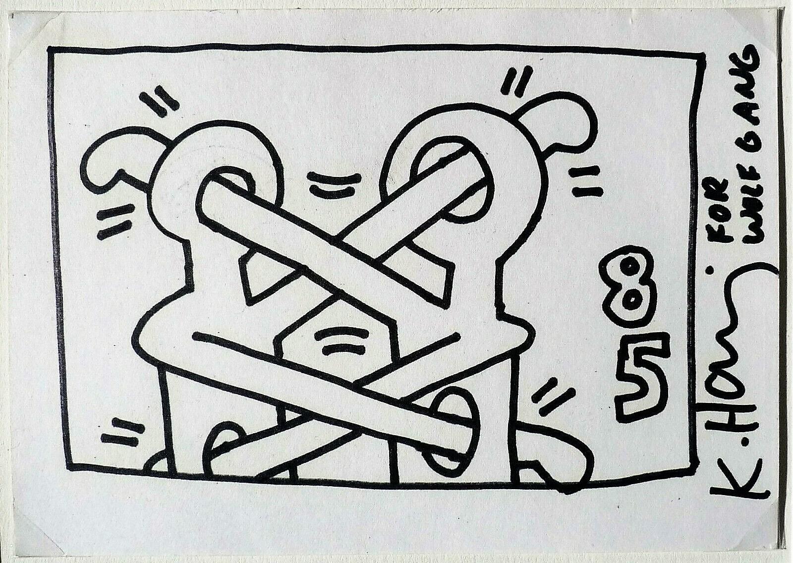 Keith Haring, Art Attack on AIDS, drawing on solid paper with black marker, signed and dedicated for WOLFGANG, 85 (this is his artist colleague and art-collector Wolfgang Windhausen, Germany). Size: 15 x 10,5 cm ( 5.90 x 4,13 in). Professional