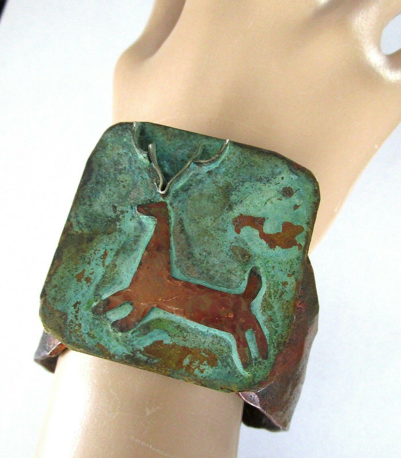 Stunning Museum Quality Artist Signed Cuff Bracelet and Brooch. Hand crafted in Copper and mixed metals featuring an Antelope. Bracelet measures approx. 2