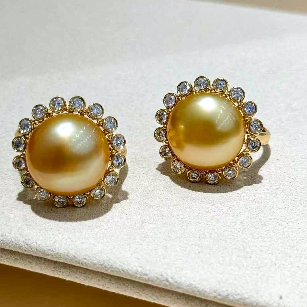 【Crown Radiance】Sunburst Halo Aurora Keshi Golden South Sea Pearl Diamond Ring 6