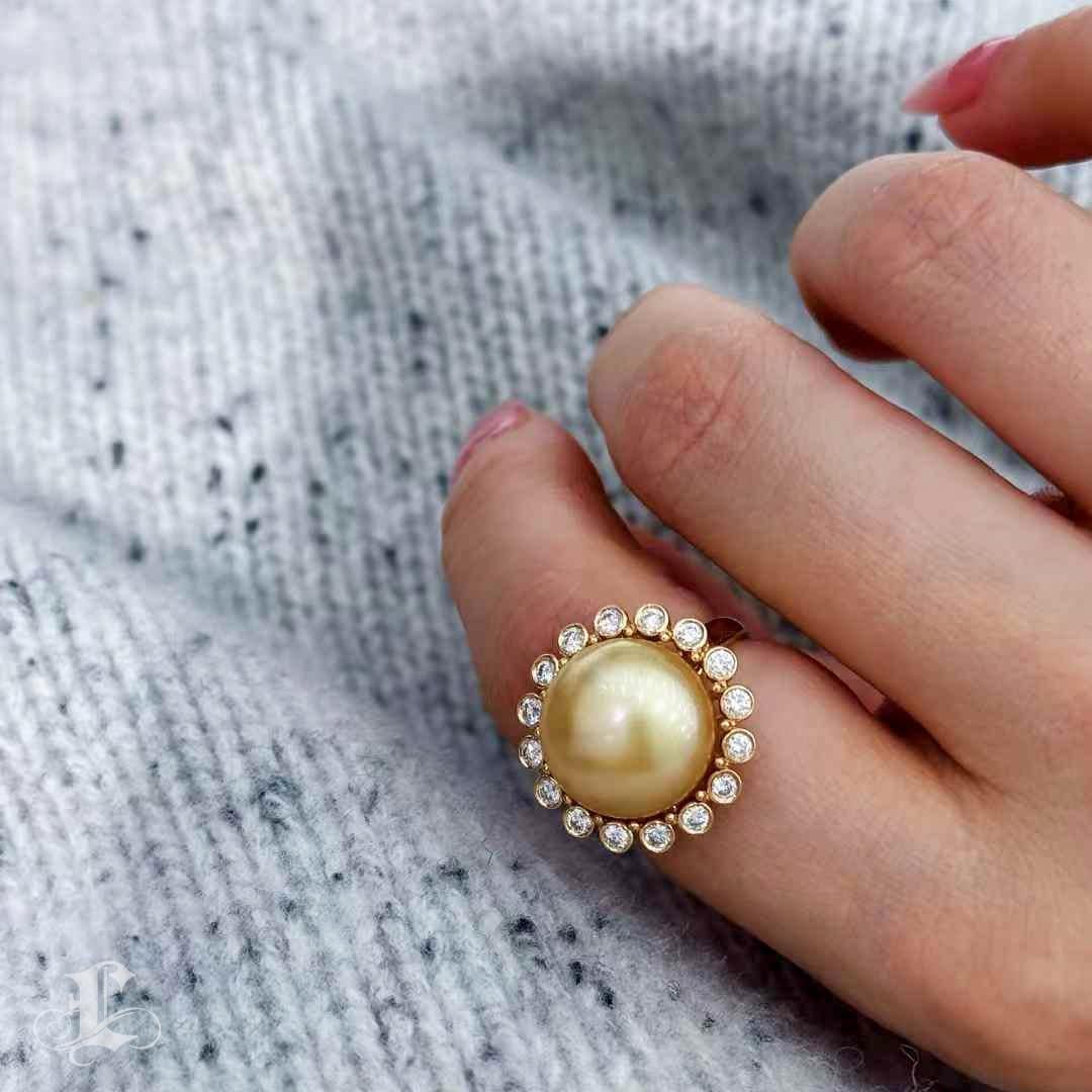 Uncut 【Crown Radiance】Sunburst Halo Aurora Keshi Golden South Sea Pearl Diamond Ring