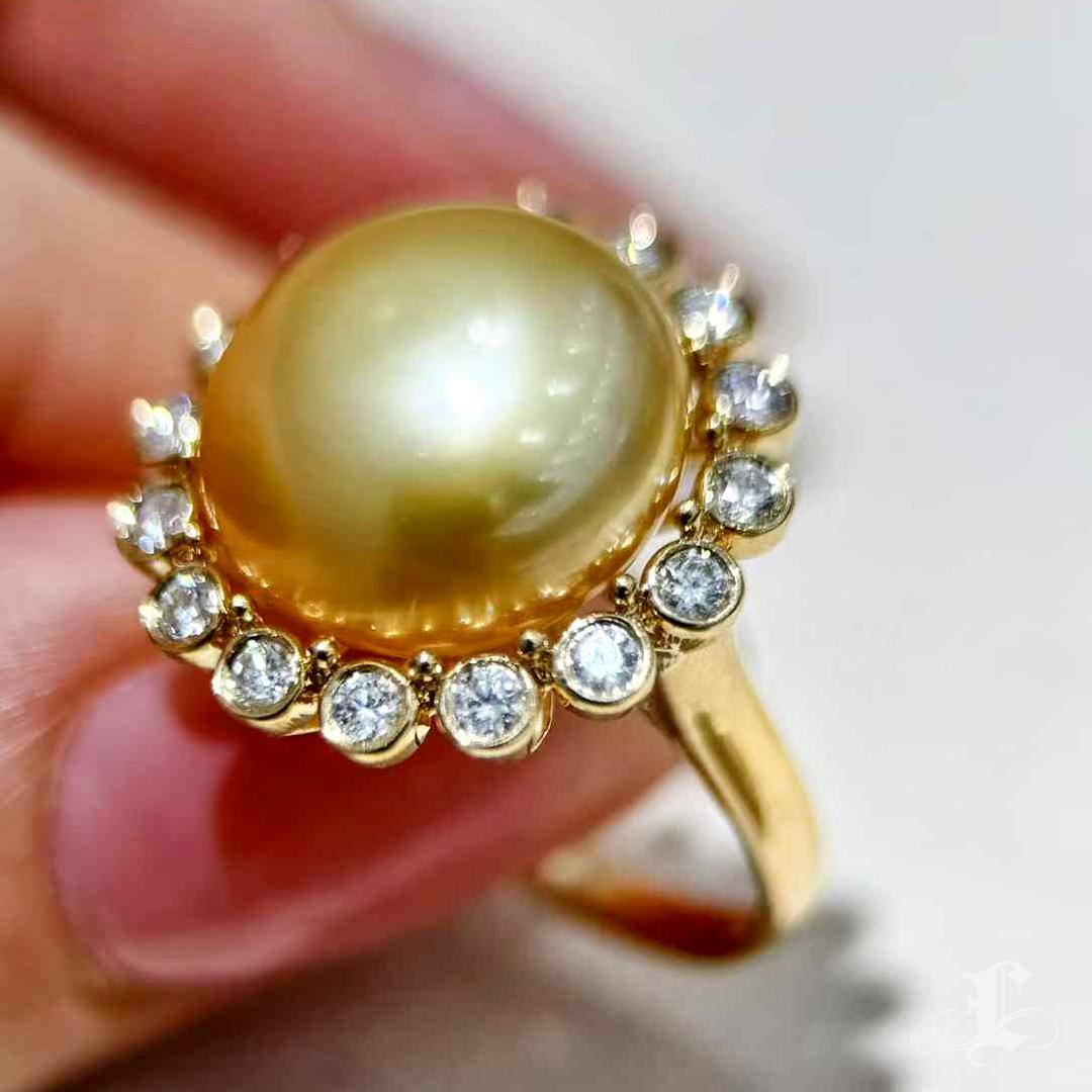 Women's 【Crown Radiance】Sunburst Halo Aurora Keshi Golden South Sea Pearl Diamond Ring