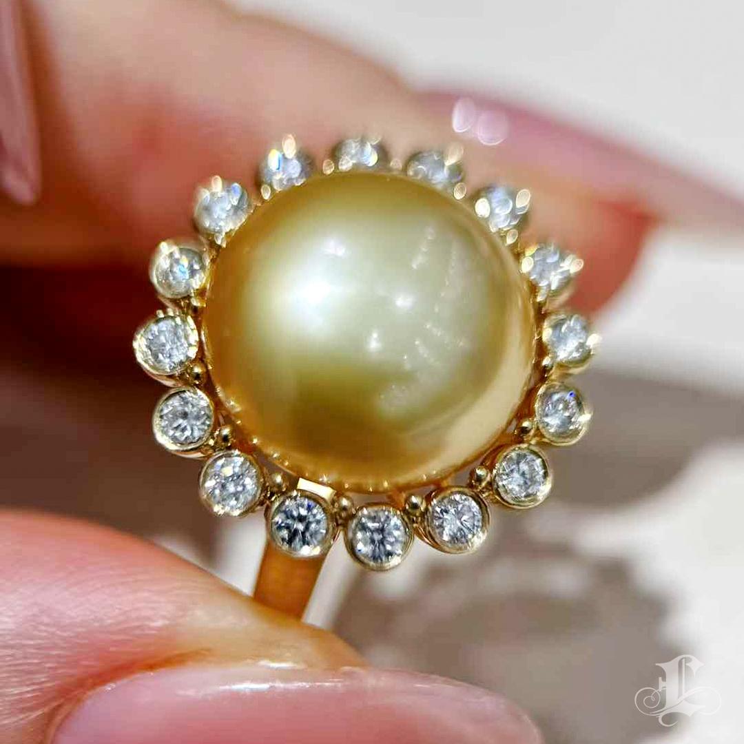 【Crown Radiance】Sunburst Halo Aurora Keshi Golden South Sea Pearl Diamond Ring 2