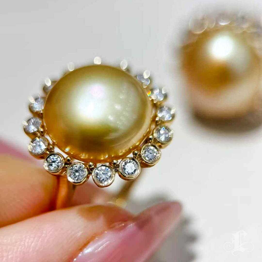 【Crown Radiance】Sunburst Halo Aurora Keshi Golden South Sea Pearl Diamond Ring 3