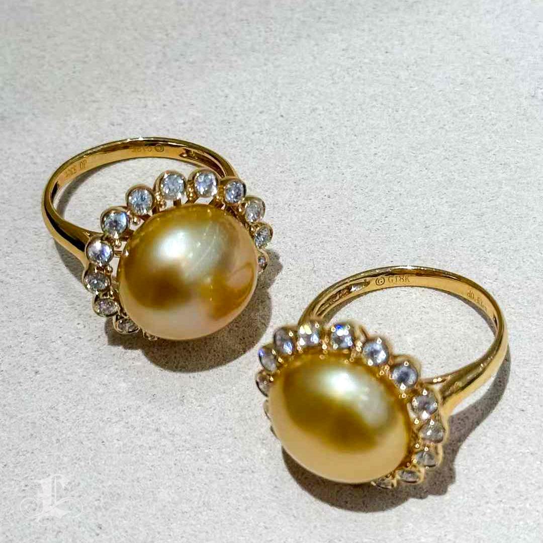【Crown Radiance】Sunburst Halo Aurora Keshi Golden South Sea Pearl Diamond Ring 4