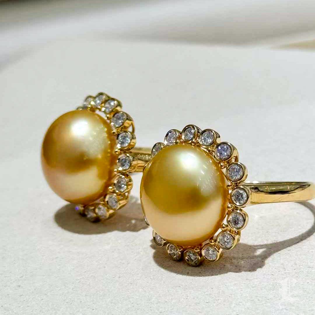 【Crown Radiance】Sunburst Halo Aurora Keshi Golden South Sea Pearl Diamond Ring 5