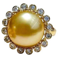 【Crown Radiance】Sunburst Halo Aurora Keshi Golden South Sea Pearl Diamond Ring