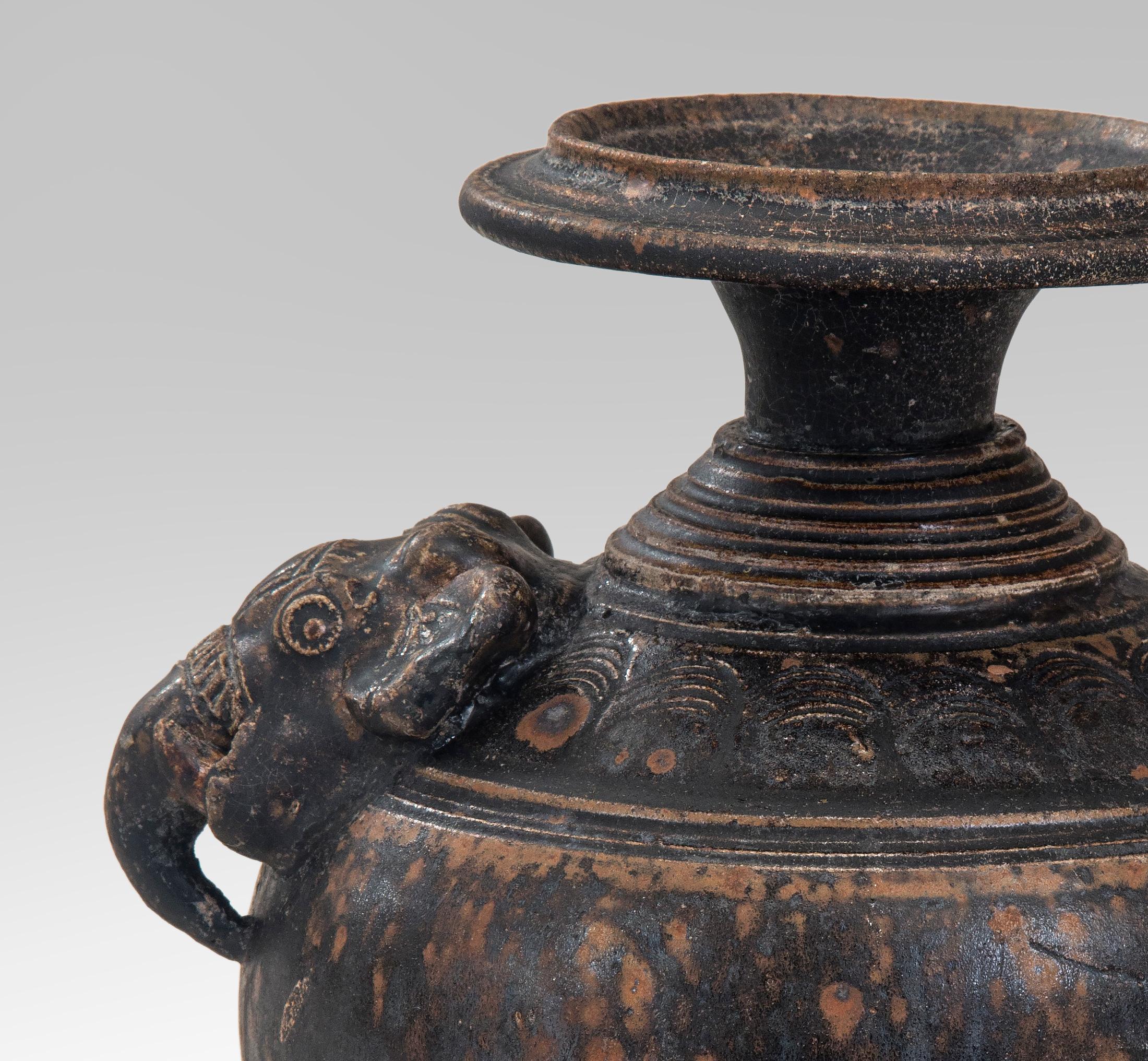 Cambodian Rare Khmer Elephant Mask Earthenware Vase For Sale