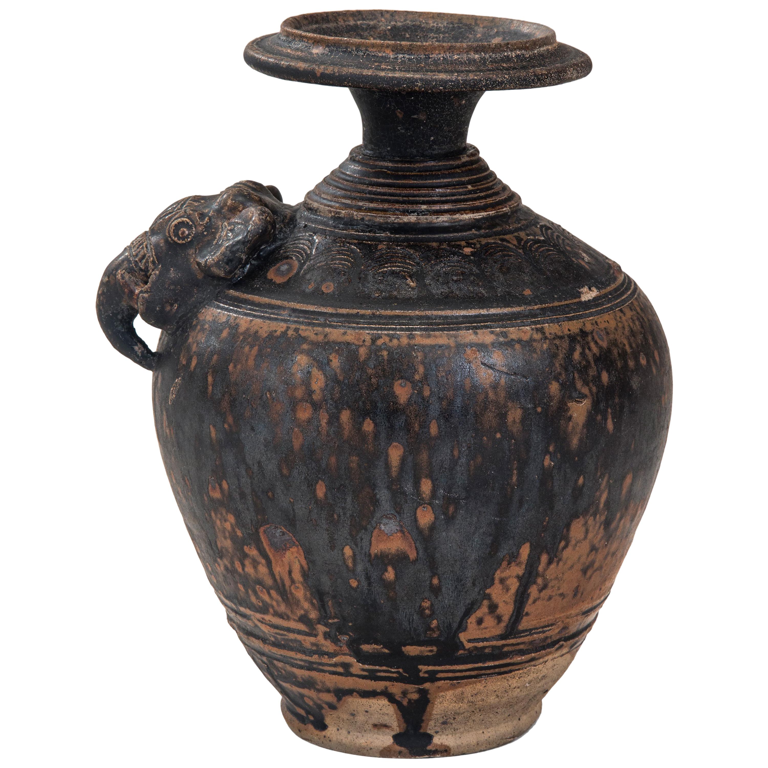 Rare Khmer Elephant Mask Earthenware Vase For Sale