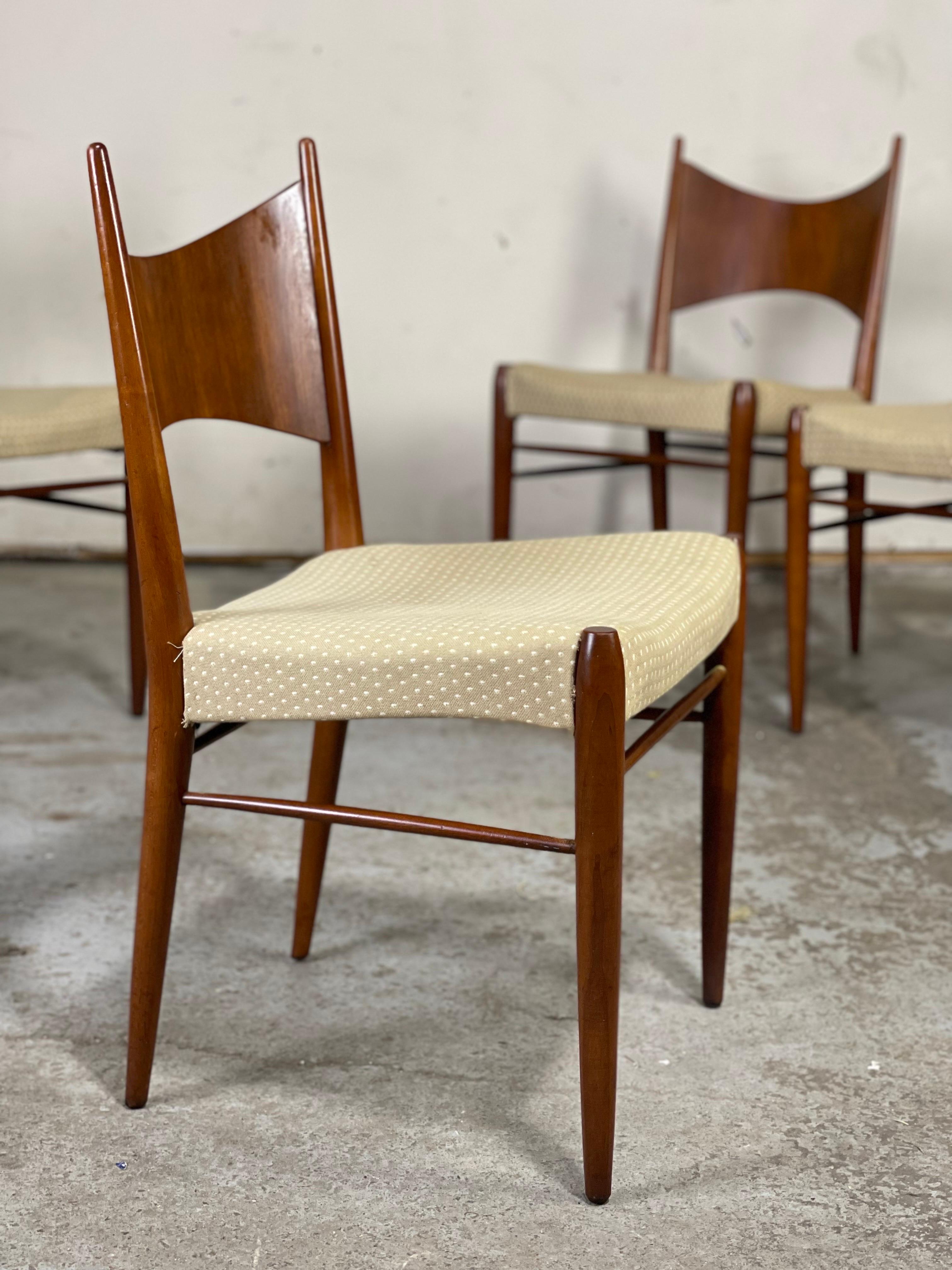Set of four rare Kipp Stewart Calvin Line dining chairs by Winchendon. These are made by the same company and shared line of Paul McCobb - as you can see the numerous similarities as these chairs often are mistaken for McCobb with the pointed and