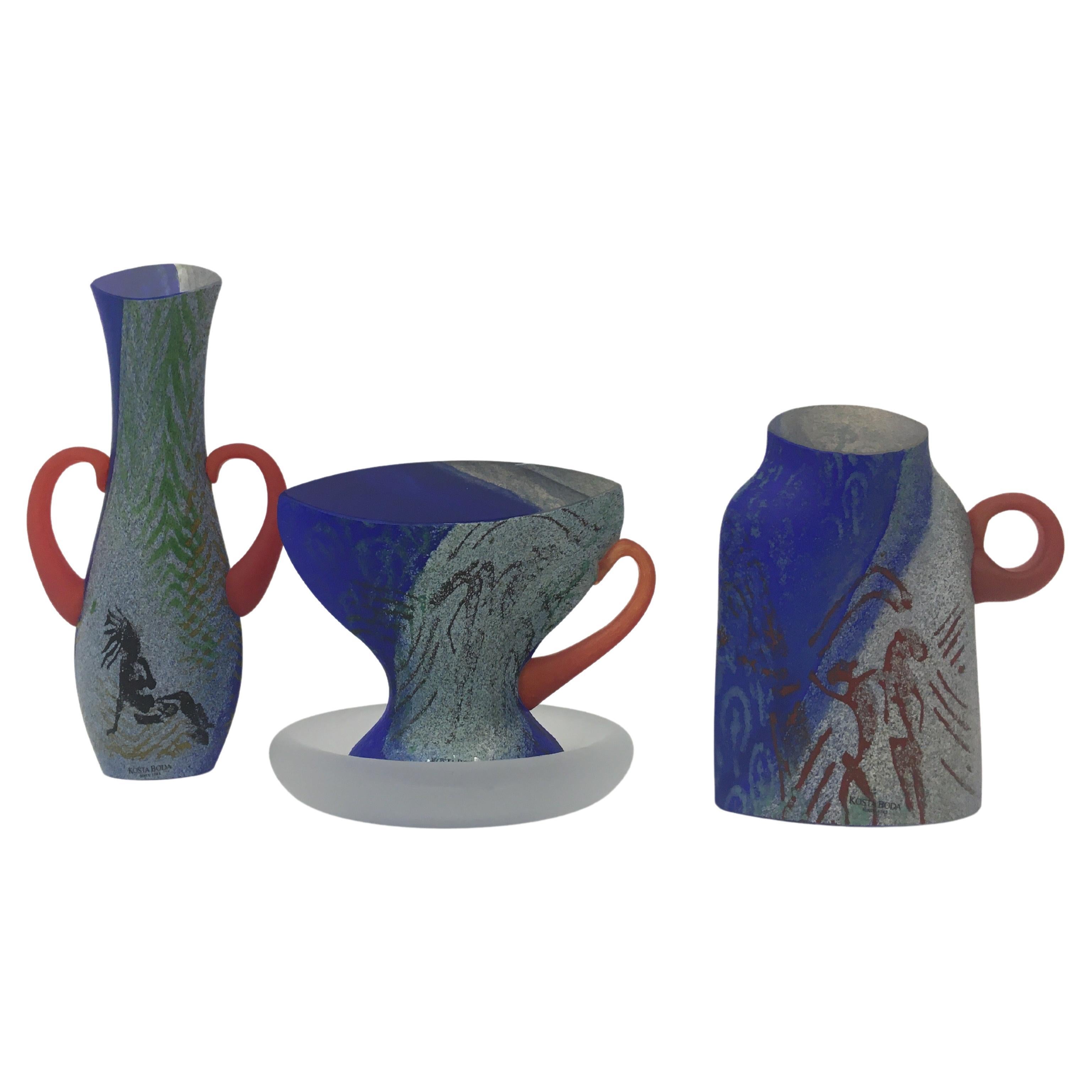 Rare Kjell Engman for Kosta Boda set of glassware teacup vase and sugar pot For Sale