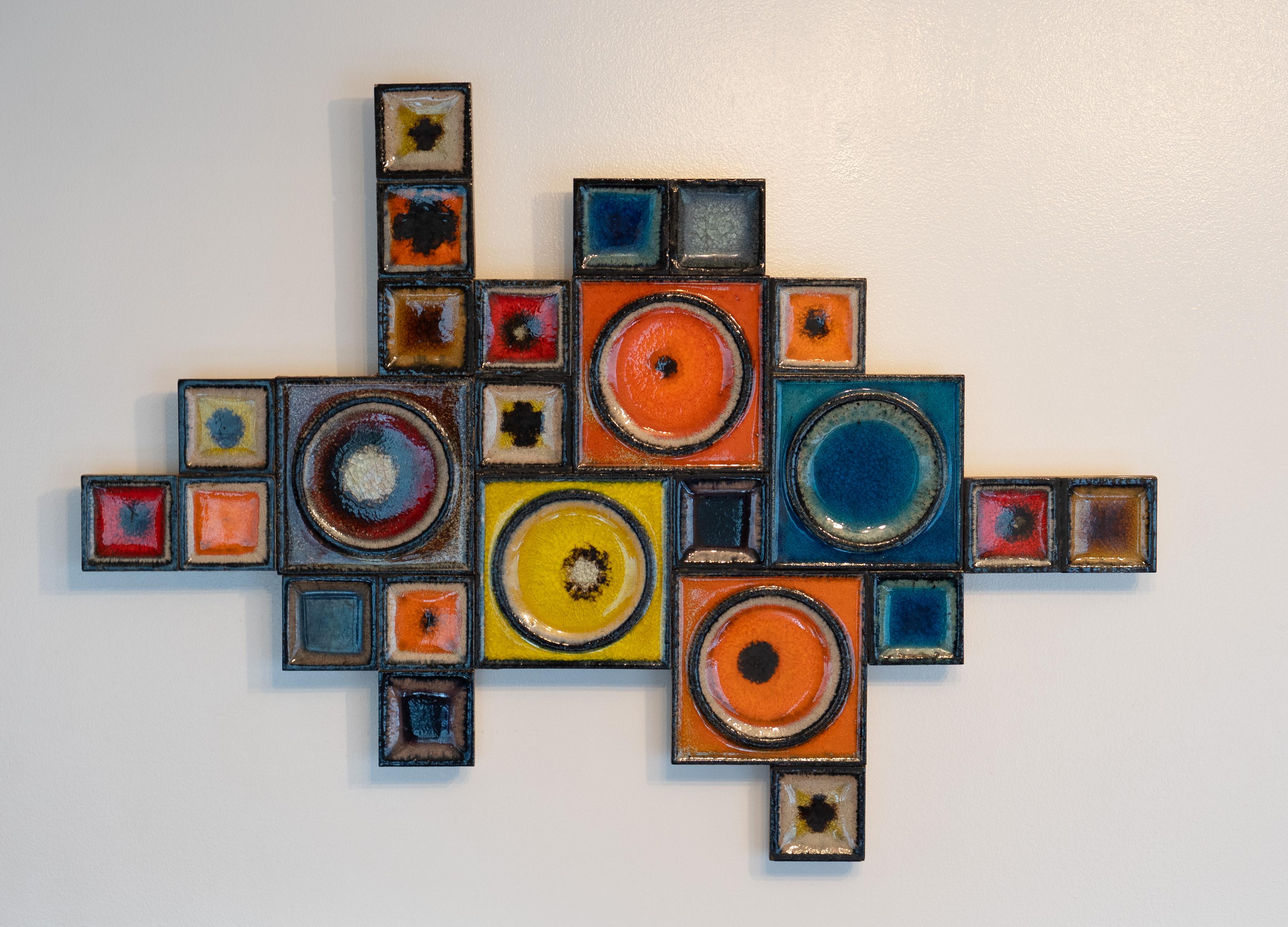 Mid-Century Modern Rare Konrad Galaaen Colorful Mid-Century Ceramic Tile Abstract Wall Sculpture For Sale