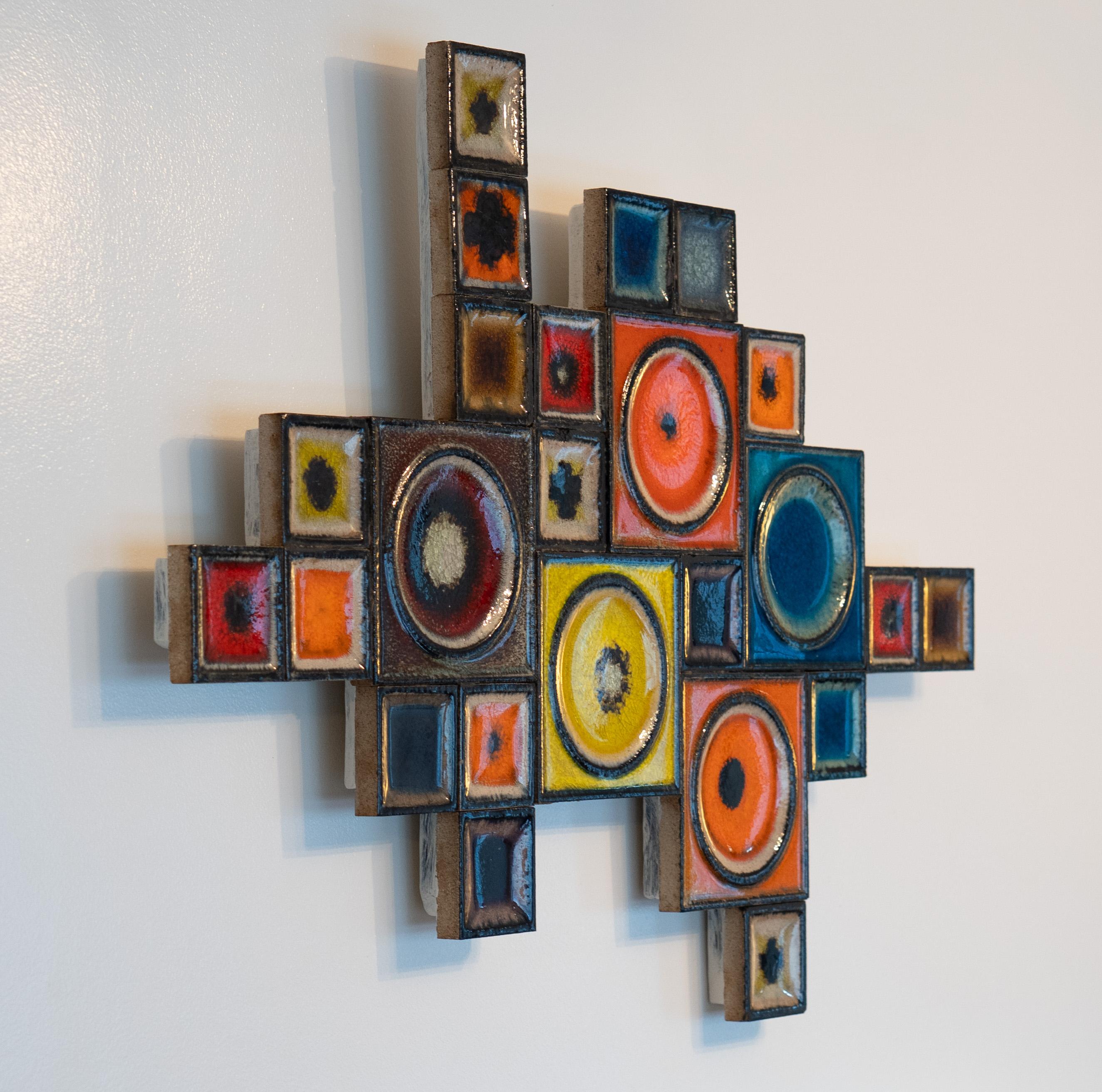 Norwegian Rare Konrad Galaaen Colorful Mid-Century Ceramic Tile Abstract Wall Sculpture For Sale