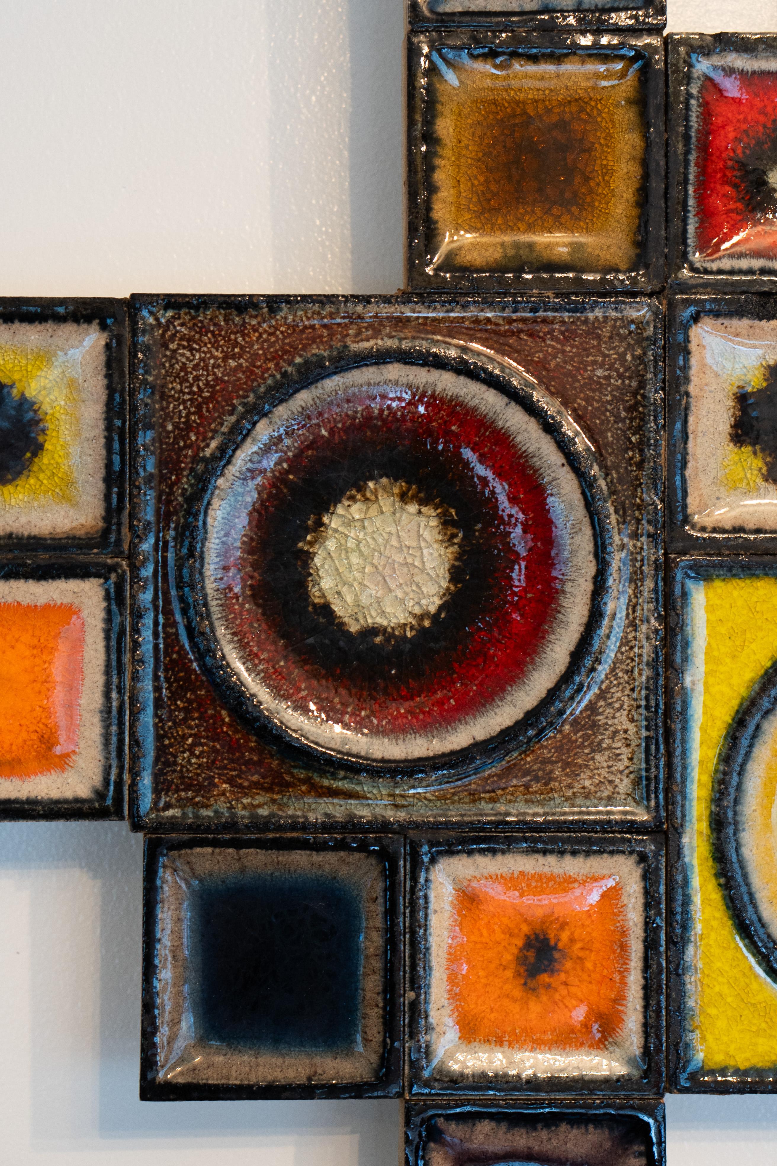 Glazed Rare Konrad Galaaen Colorful Mid-Century Ceramic Tile Abstract Wall Sculpture For Sale