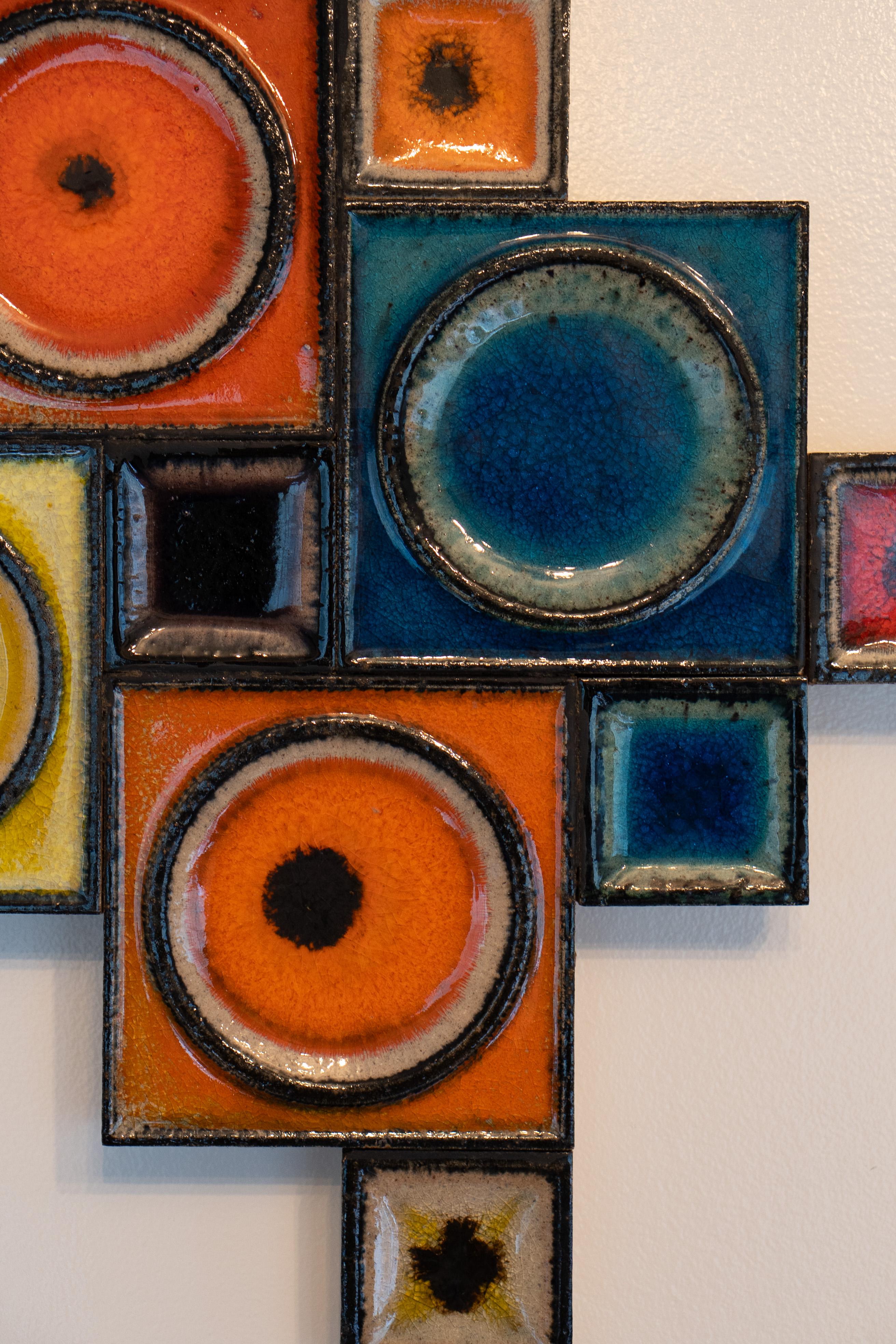 Rare Konrad Galaaen Colorful Mid-Century Ceramic Tile Abstract Wall Sculpture In Good Condition For Sale In Philadelphia, PA