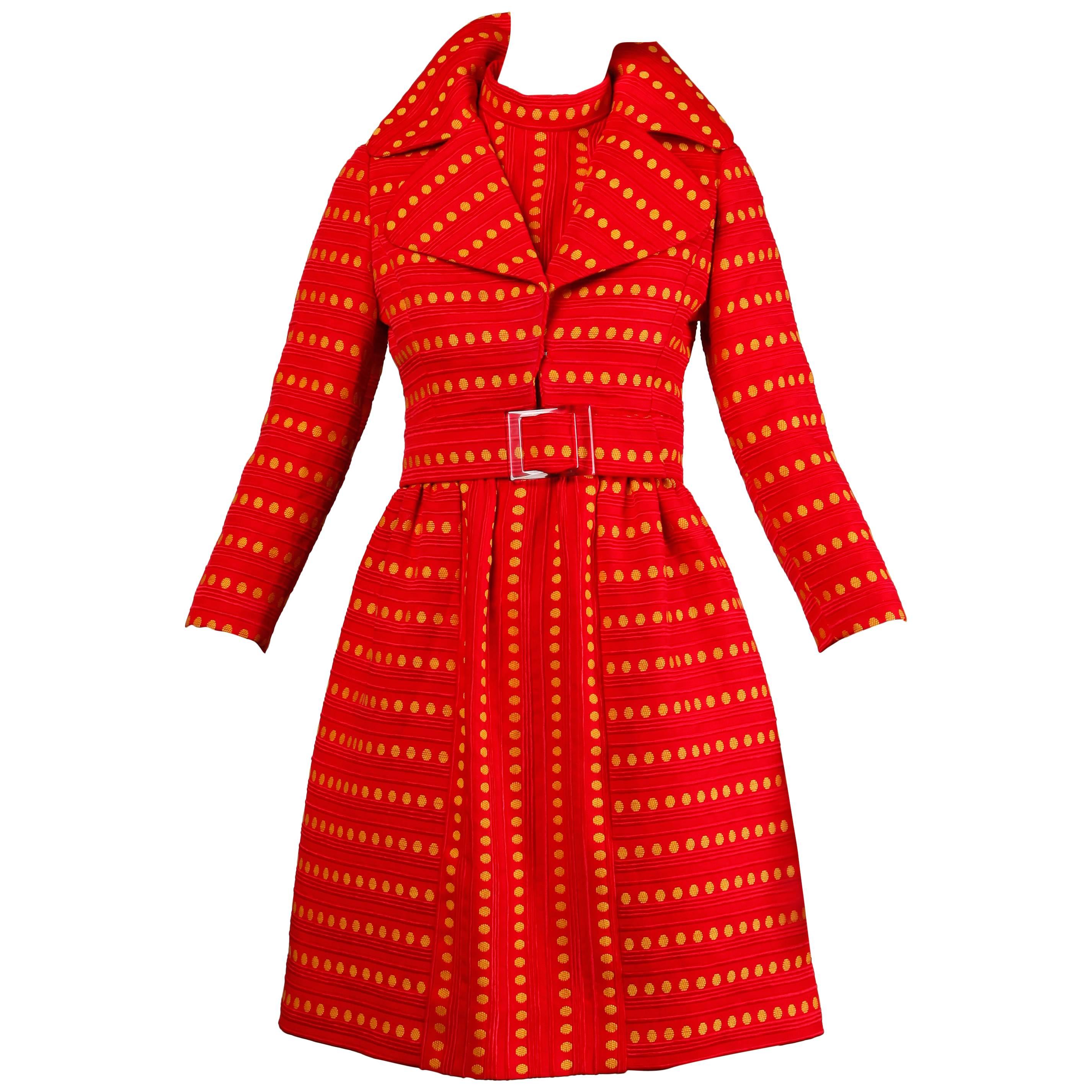 Rare Kreinick 1960s Vintage Red + Yellow Polka Dot Mod Dress + Jacket Ensemble