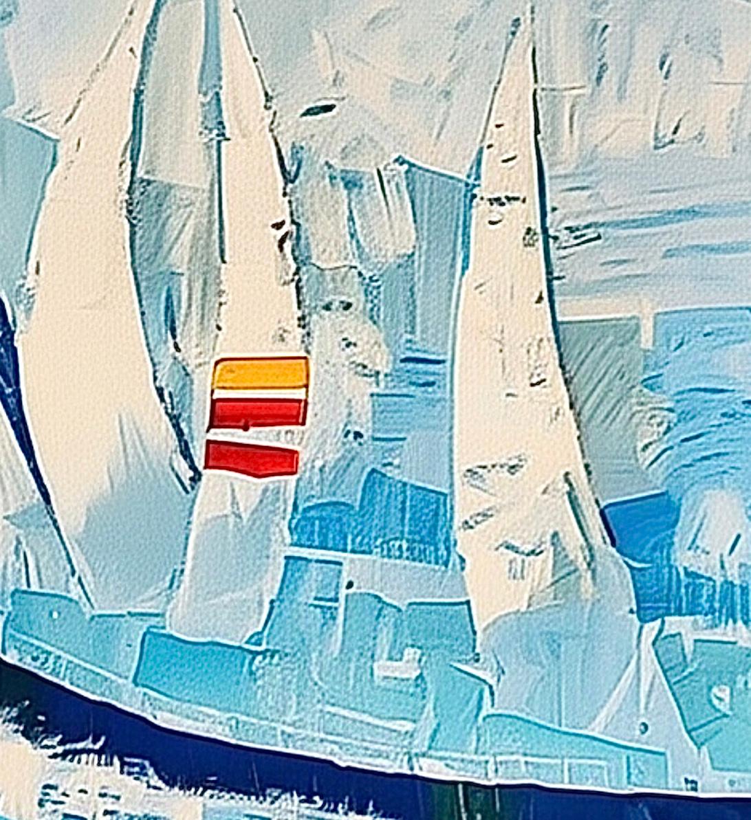 A fantastic and exhilarating action packed moment captured on canvas by Korean award winning artist, Kim Kyung 

The two masted schooner, flies in optimal trim form.  The Mainsail, Genoa, Spinnaker and Mizzen Sail, are all full and by, as the hull