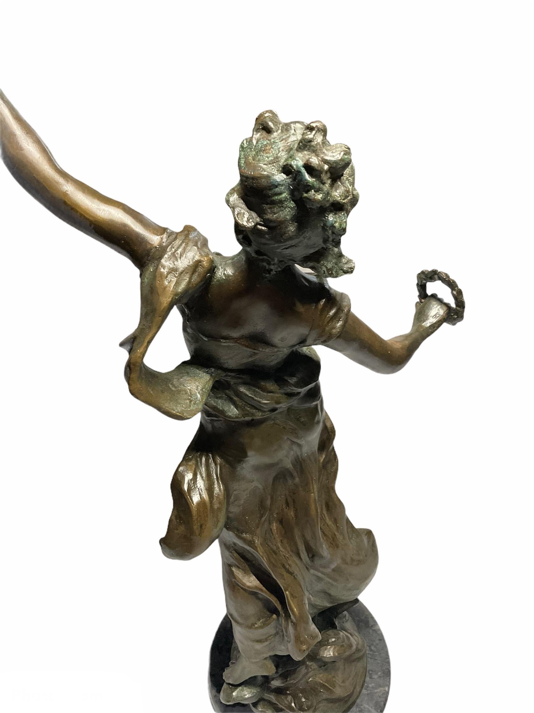 After brothers Louis & Francois Moreau, rare bronze sculpture of a maiden. In triumphant posture looking up to heaven, she is holding a wreath of laurel leaves in her right hand and a in the left one that is raised, a bouquet of flowers. She is