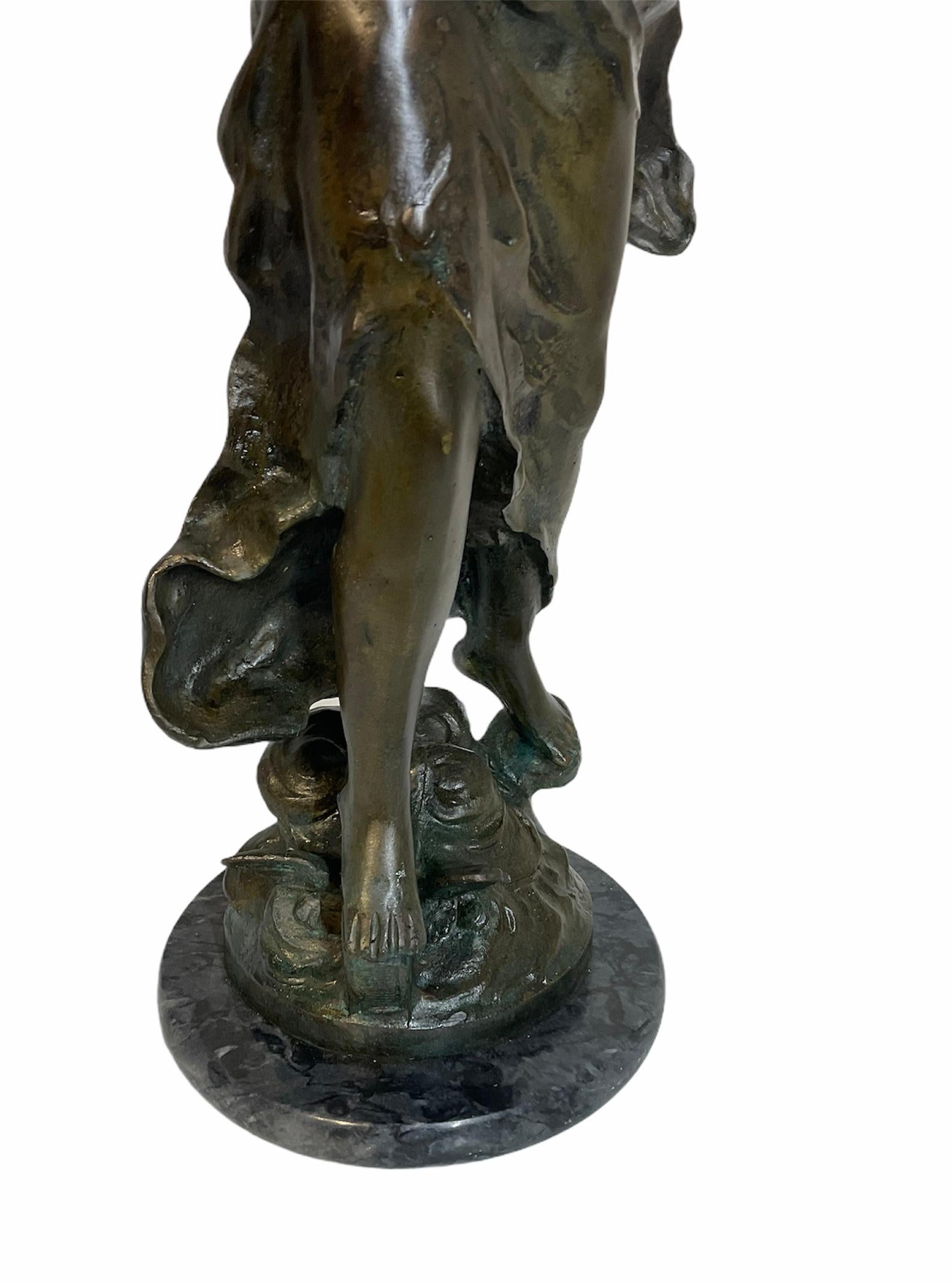 French Rare L & F. Moreau Patinated Bronze Sculpture of a Triumphant Maiden For Sale