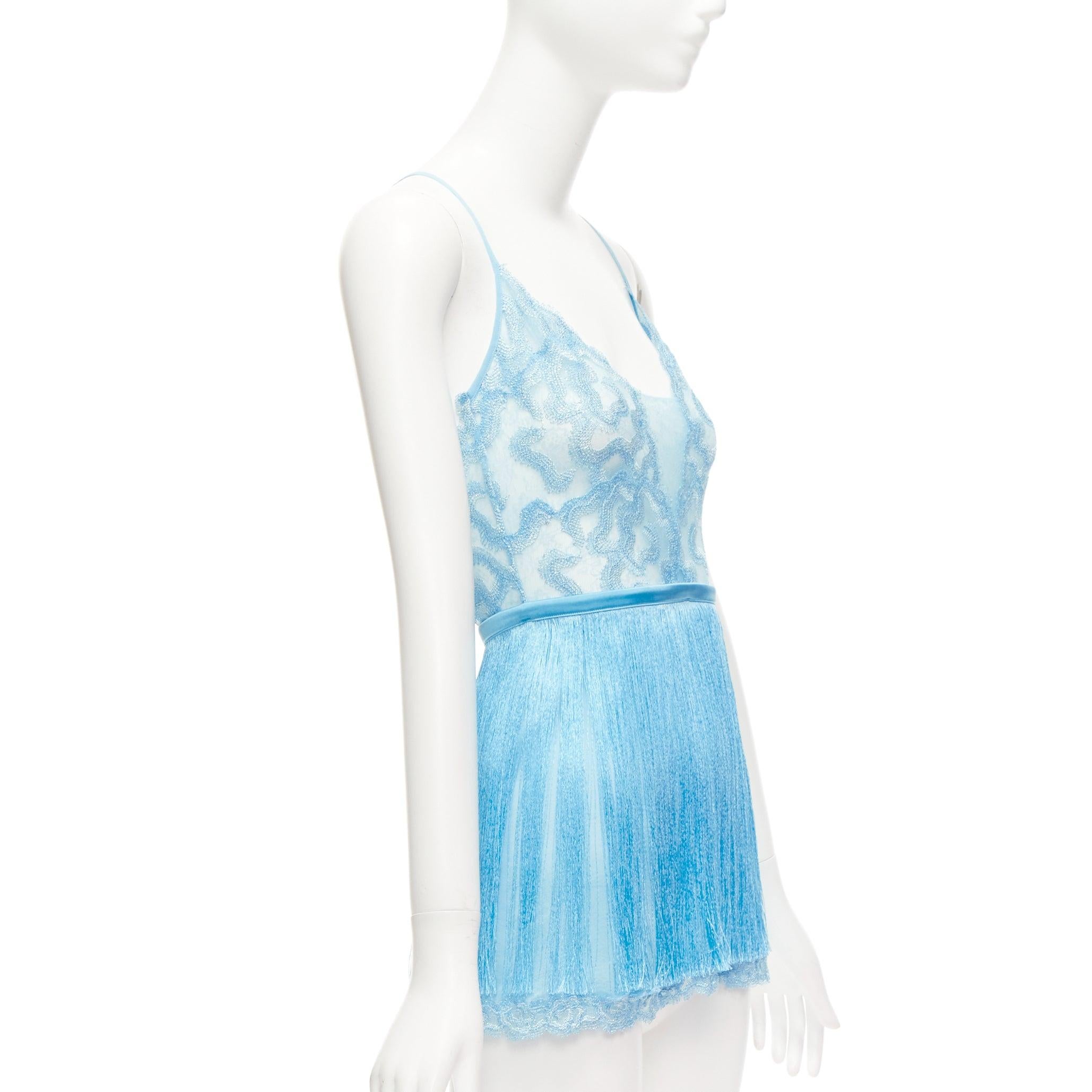 Blue rare LA PERLA blue silk blend intricate lace fringe lingerie cami top US0 XS