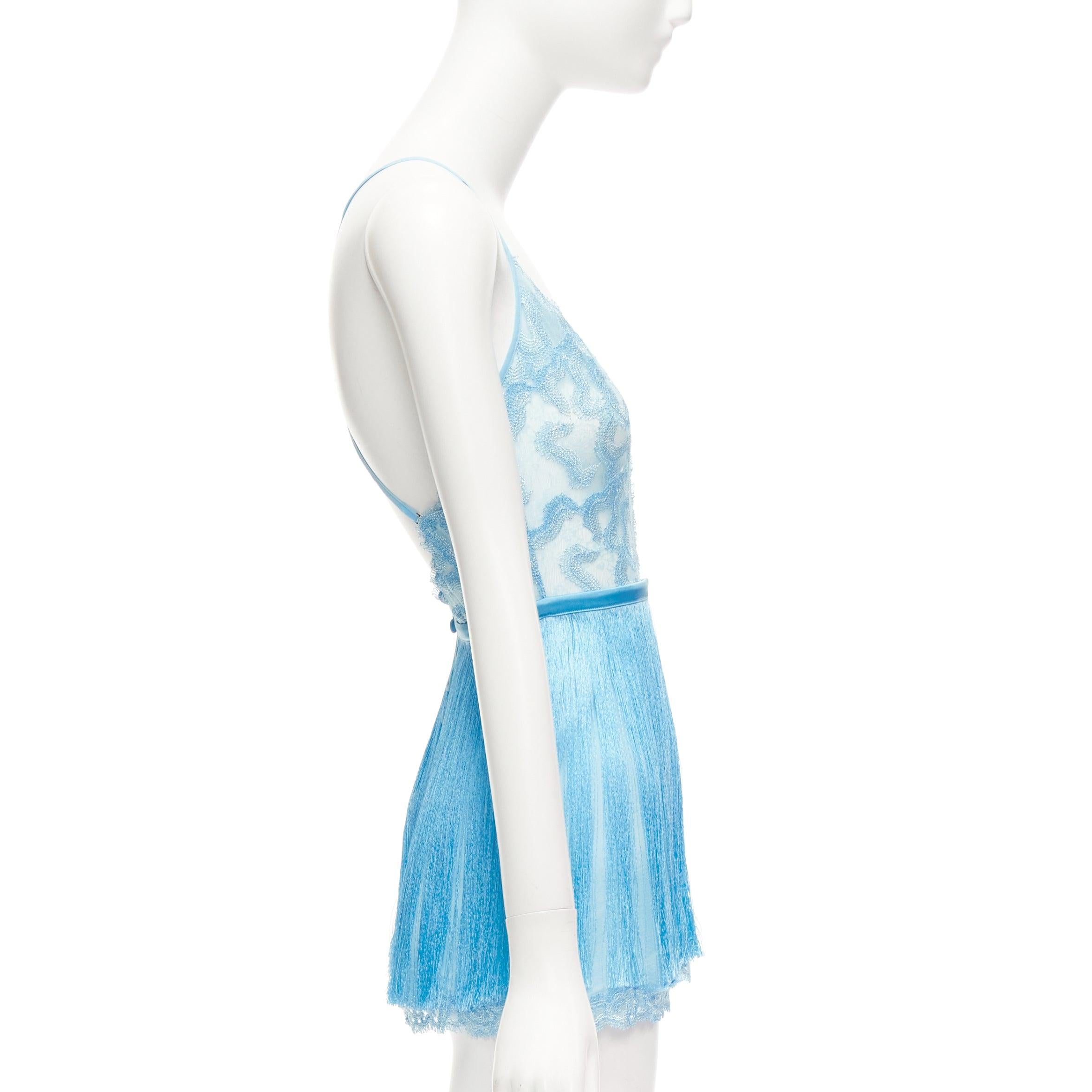 rare LA PERLA blue silk blend intricate lace fringe lingerie cami top US0 XS In Good Condition In Hong Kong, NT