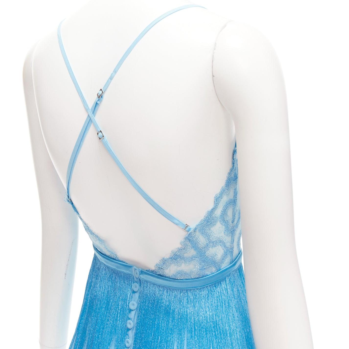 rare LA PERLA blue silk blend intricate lace fringe lingerie cami top US0 XS 2