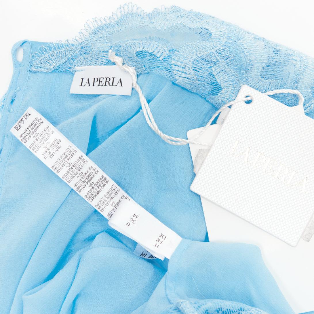 rare LA PERLA blue silk blend intricate lace fringe lingerie cami top US0 XS 3