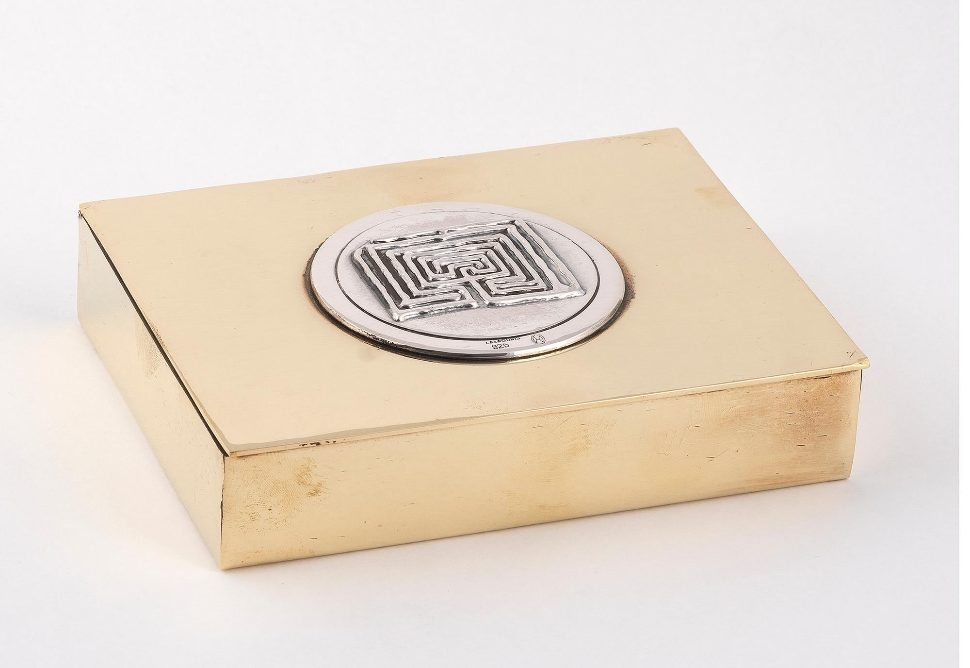 Arts and Crafts Rare Labyrinth Cigarette Box by Lalaounis, Brass and Silver, 1970s For Sale