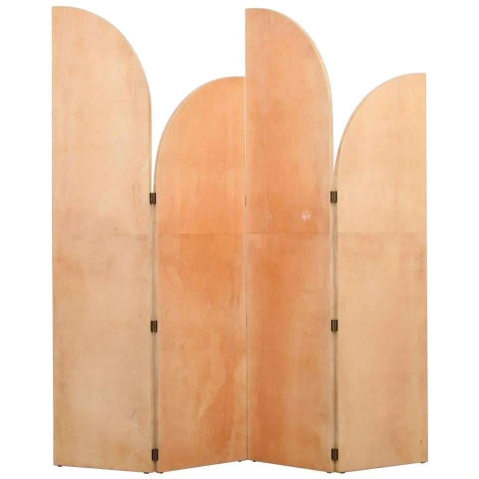 Rare Art Deco style lacquered four fold parchment screen by Aldo Tura. This screen is very much in the Art Deco style, its design is very much inspired by the work of Jean Michel Frank.