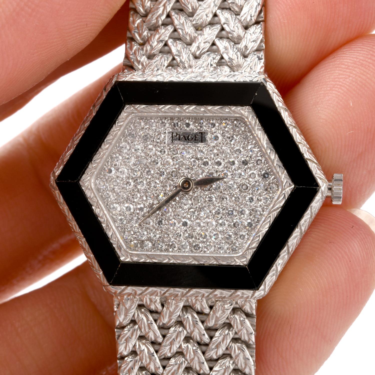 Rare Ladies Piaget Diamond and Onyx Ref. 95785 A6 Watch In Excellent Condition In Miami, FL