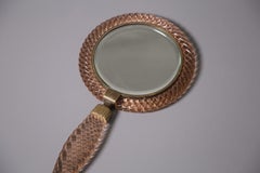Raro specchio da donna Venini fatto a mano in vetro di Murano rosa, etichetta originale, anni 1939