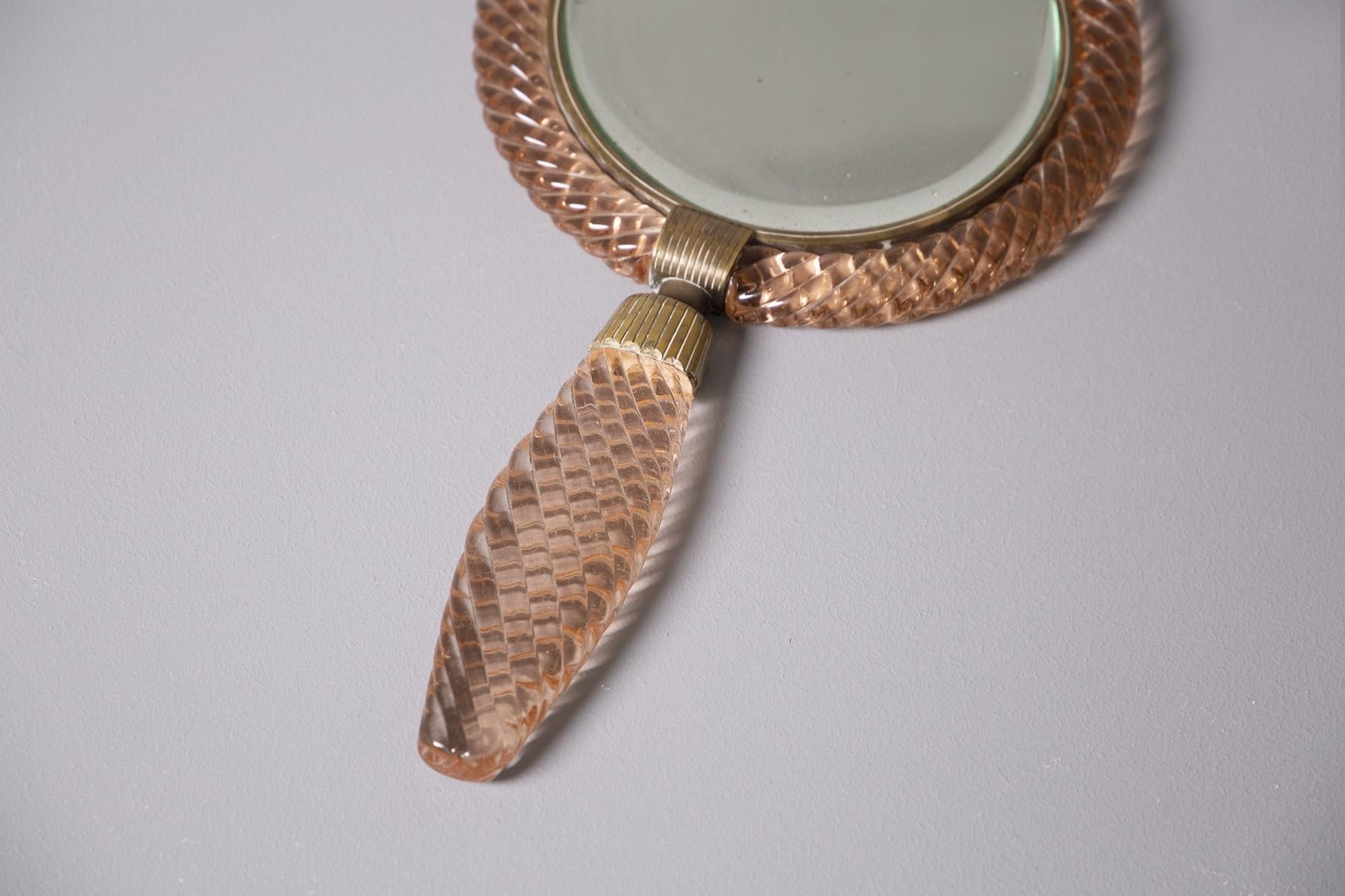 Mid-Century Modern Rare Lady Mirror Handmade Venini in Pink Murano Glass, Original Label, 1939s