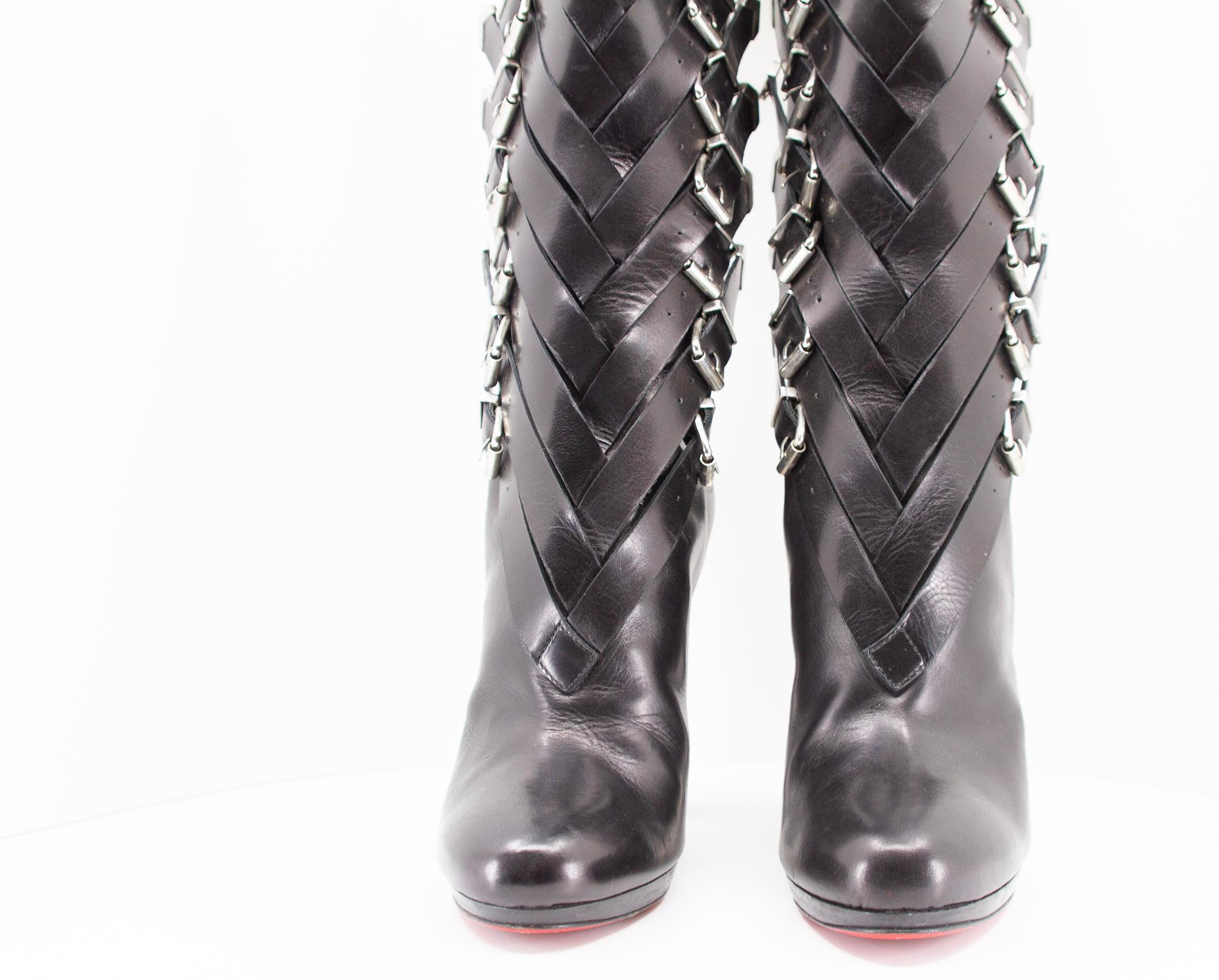 Rare Knee High Christian Louboutin Black Leather Boots For Sale 9