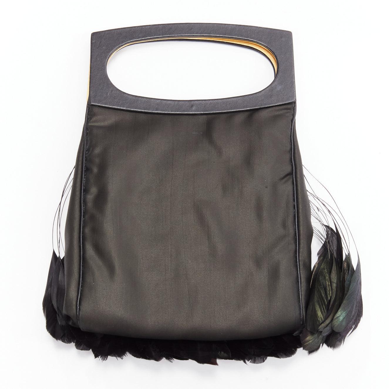 Black rare LALIQUE black green feather black satin top handle clutch bag For Sale
