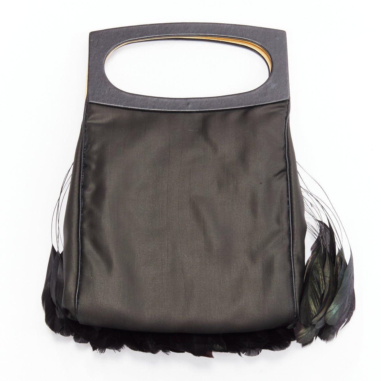 Black rare LALIQUE black green feather black satin top handle clutch bag