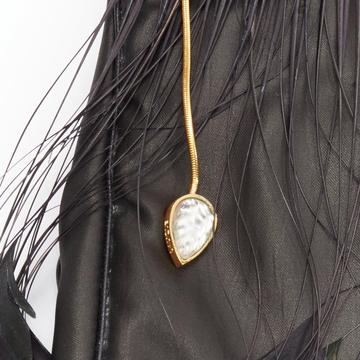 rare LALIQUE black green feather black satin top handle clutch bag In Good Condition In Hong Kong, NT