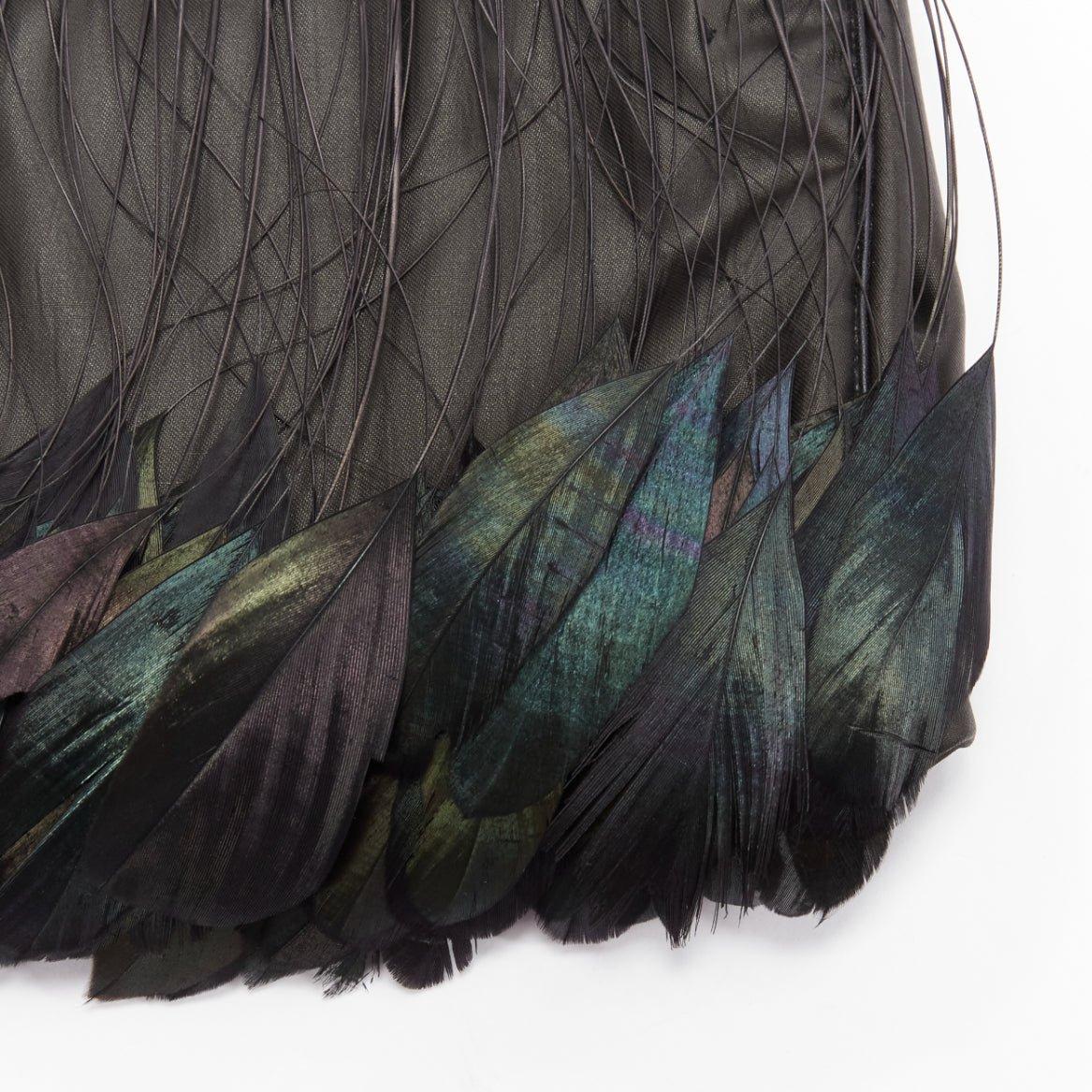 Women's rare LALIQUE black green feather black satin top handle clutch bag