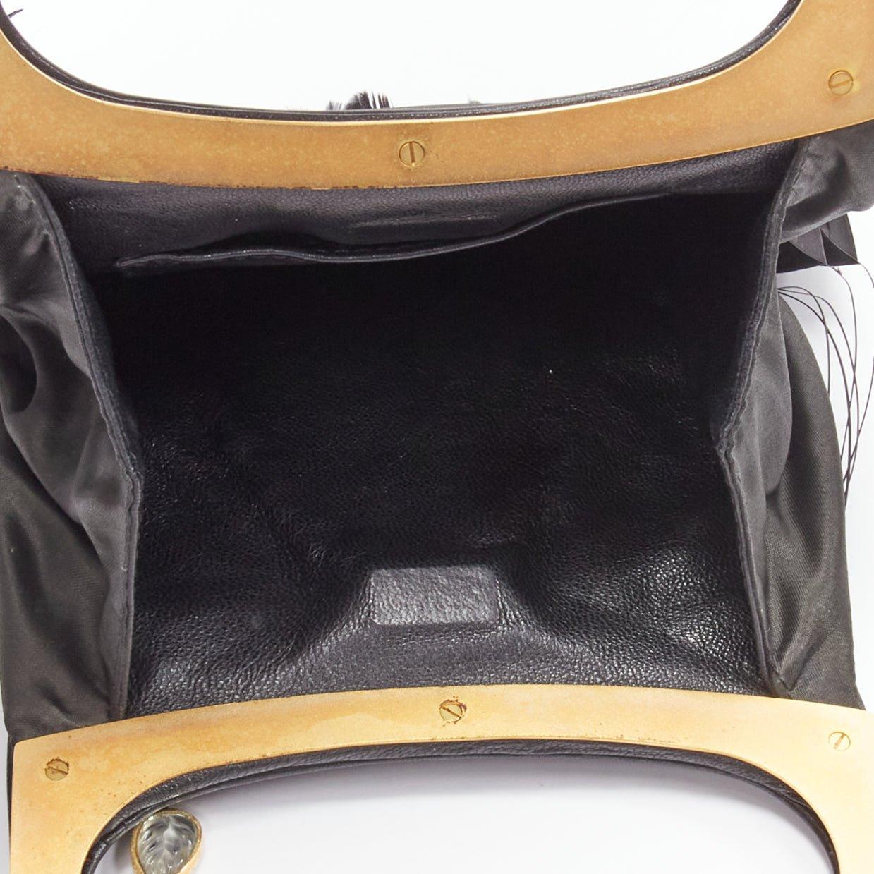 rare LALIQUE black green feather black satin top handle clutch bag 2