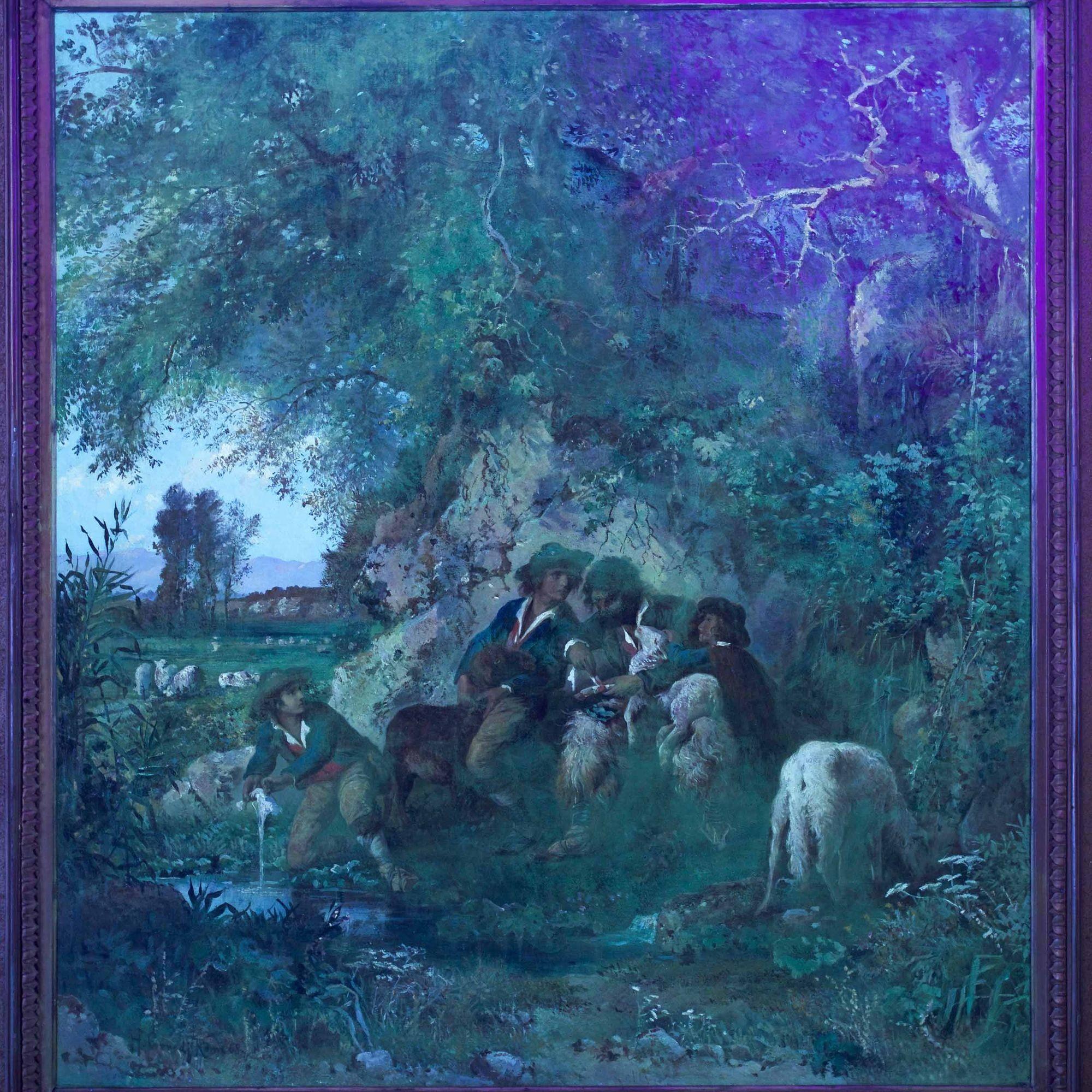 Rare Landscape Painting of Shepherds and Injured Lamb by Hermann Corrodi For Sale 5