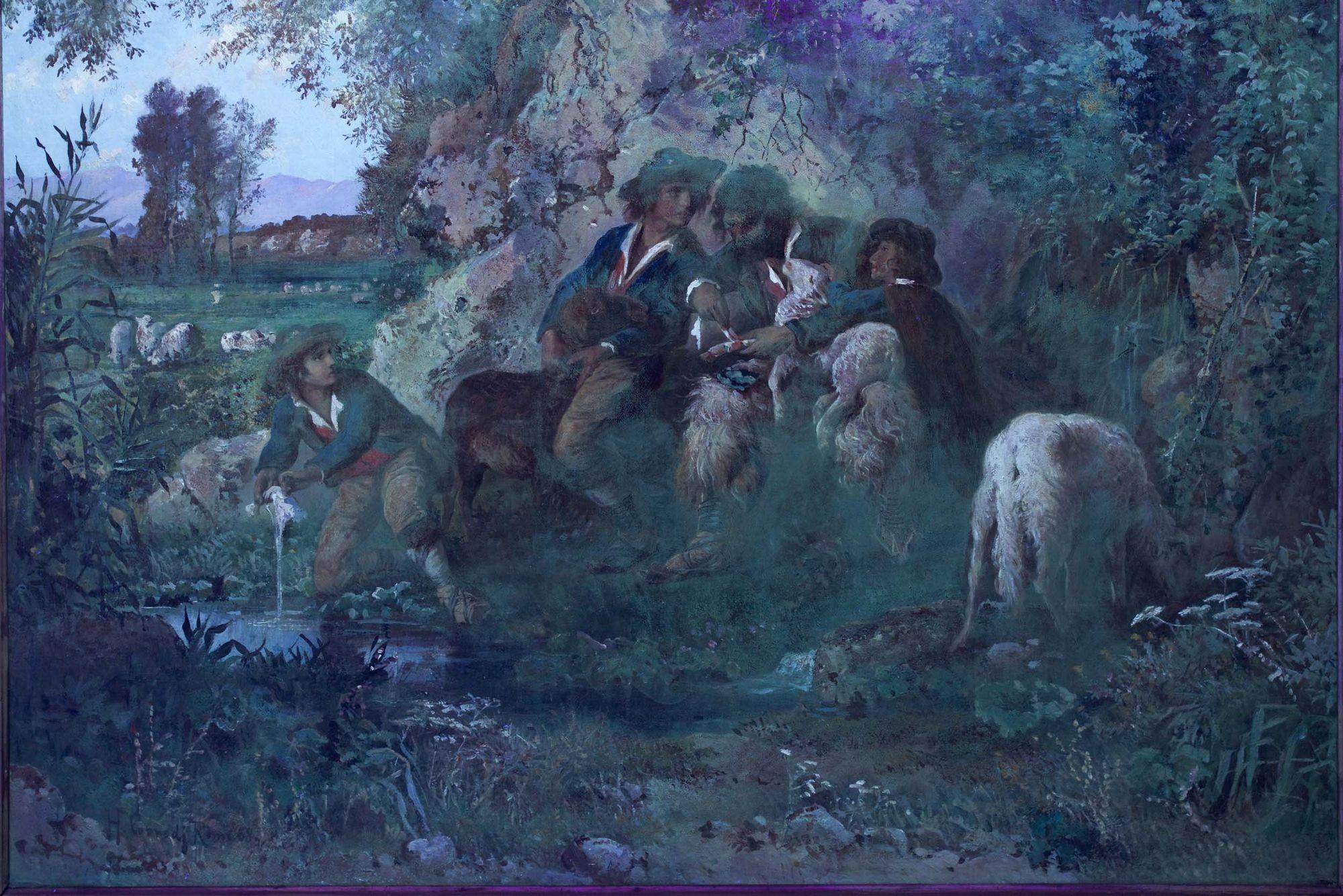 Rare Landscape Painting of Shepherds and Injured Lamb by Hermann Corrodi For Sale 7