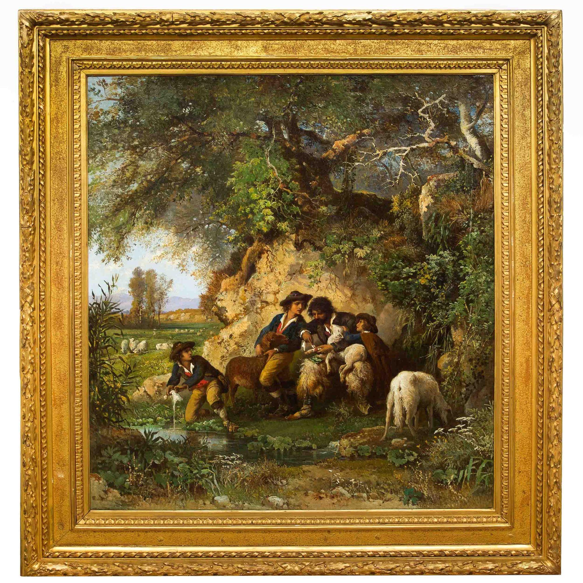 Romantic Rare Landscape Painting of Shepherds and Injured Lamb by Hermann Corrodi For Sale