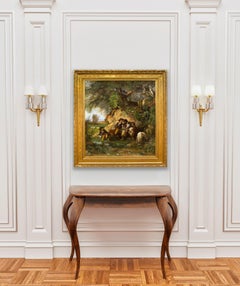 Rare peinture de paysage de bergers et d'agneau blessé par Hermann Corrodi