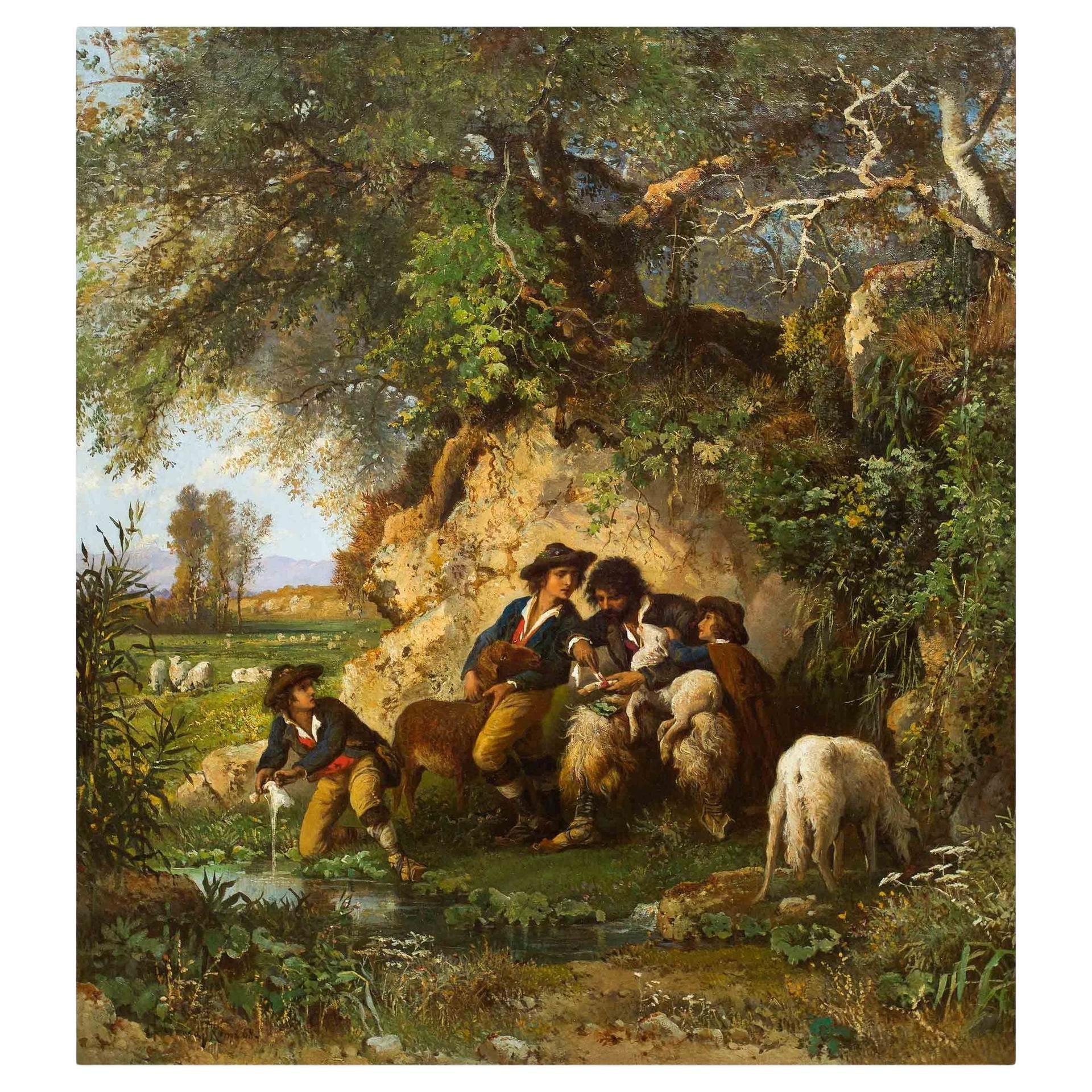 Rare Landscape Painting of Shepherds and Injured Lamb by Hermann Corrodi For Sale