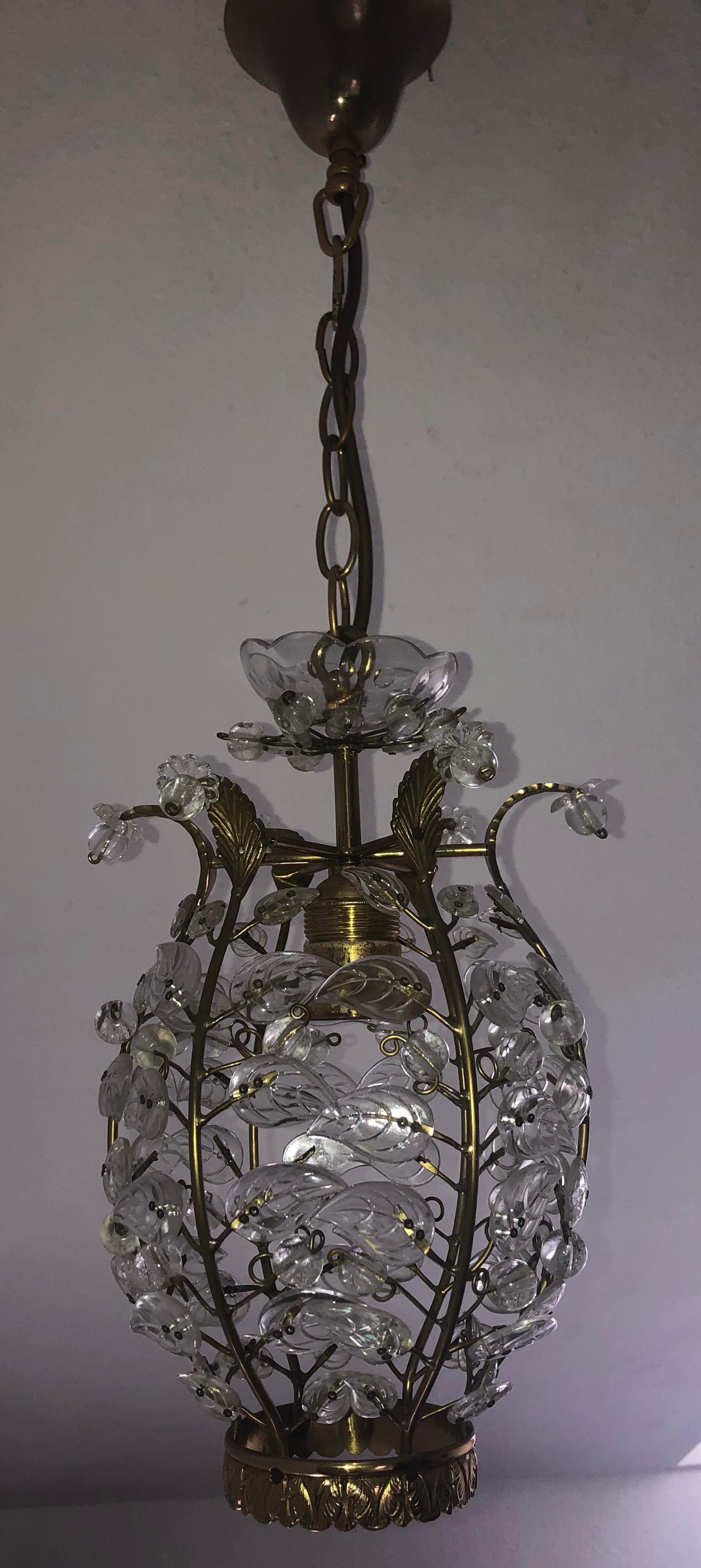 Mid-20th Century Glass Leaves and Brass Lantern Attributed to Maison Baguès, France, 1950s For Sale